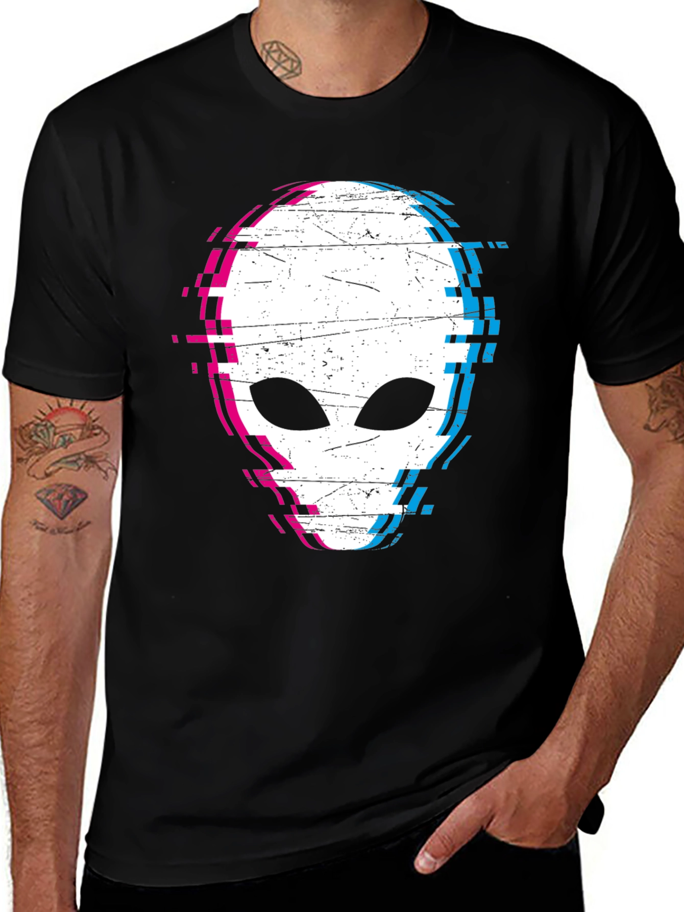 Glitch Alien Graphic Tee - Black Cotton Blend Shirt