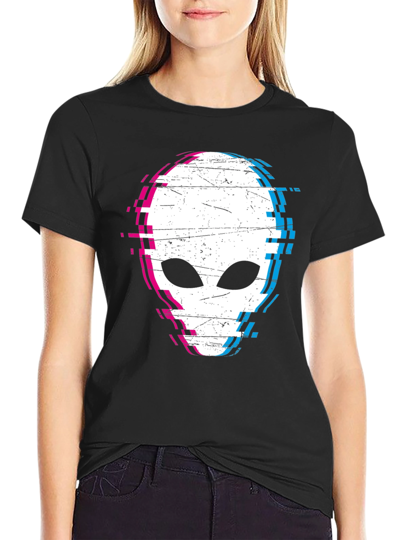 Glitch Alien Graphic Tee - Black Cotton Blend Shirt