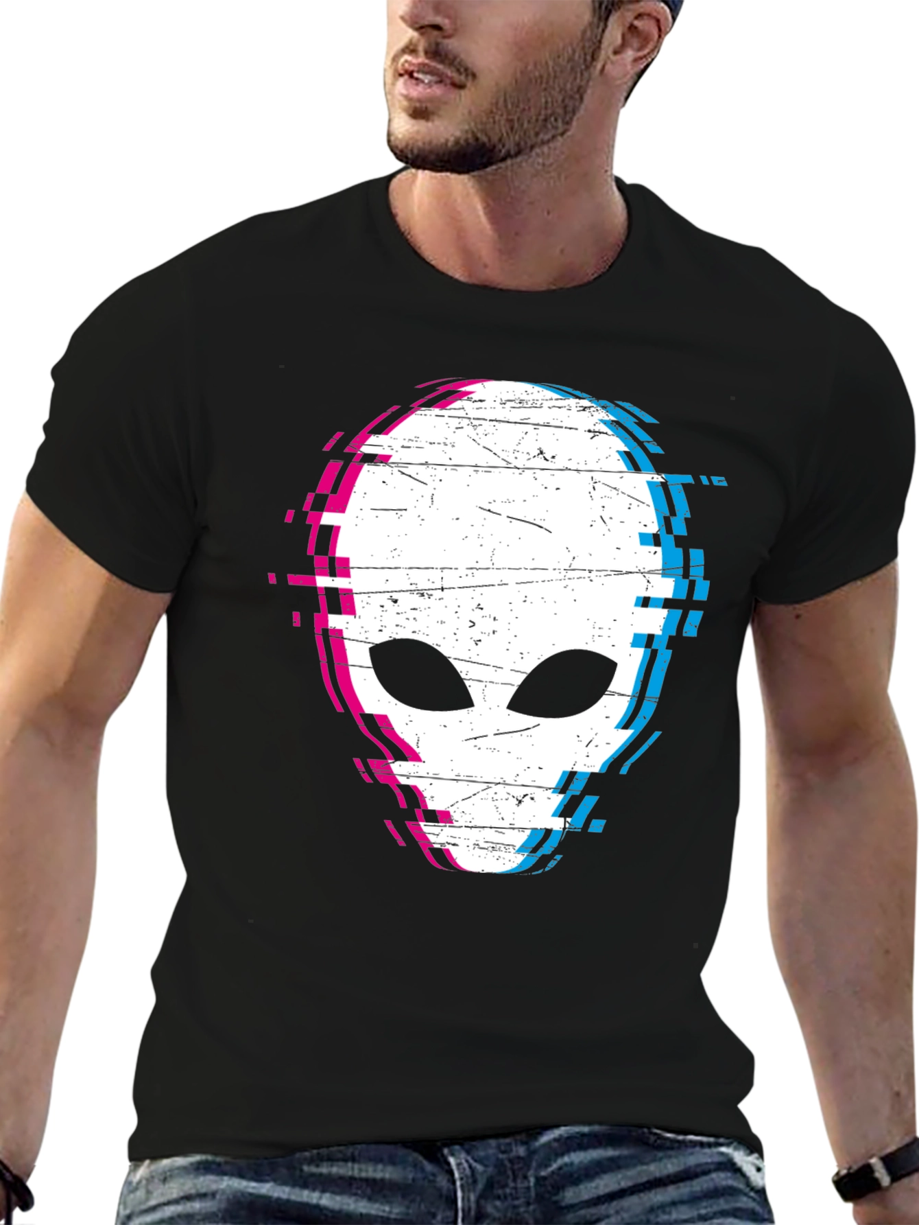 Glitch Alien Graphic Tee - Black Cotton Blend Shirt