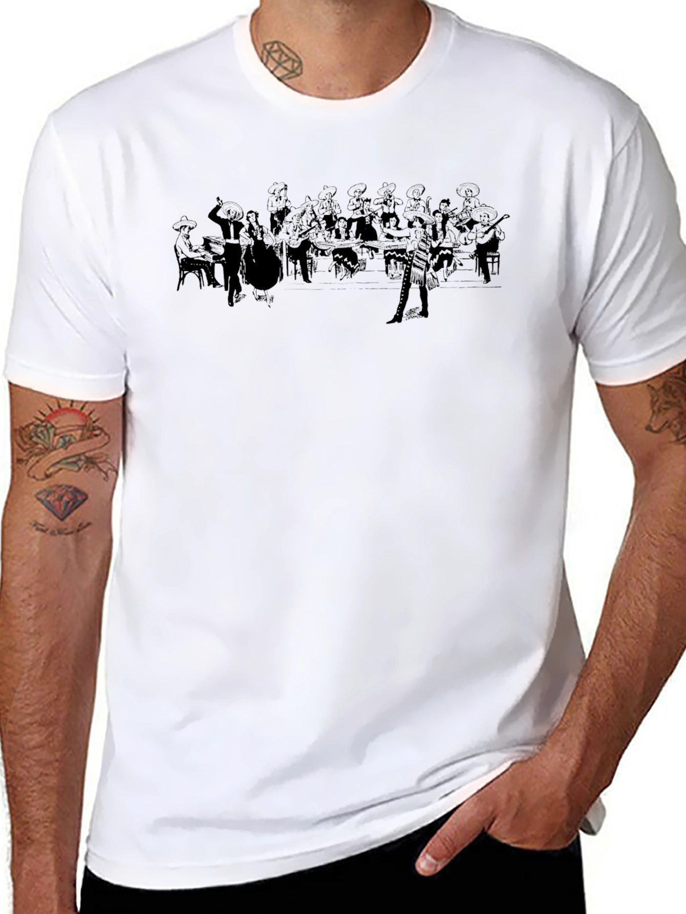 Black Graphic Tee: Mariachi Band Design