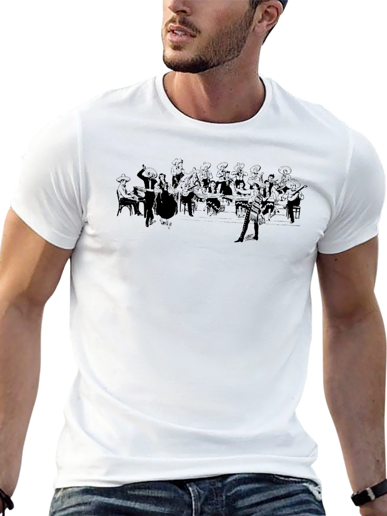 Black Graphic Tee: Mariachi Band Design