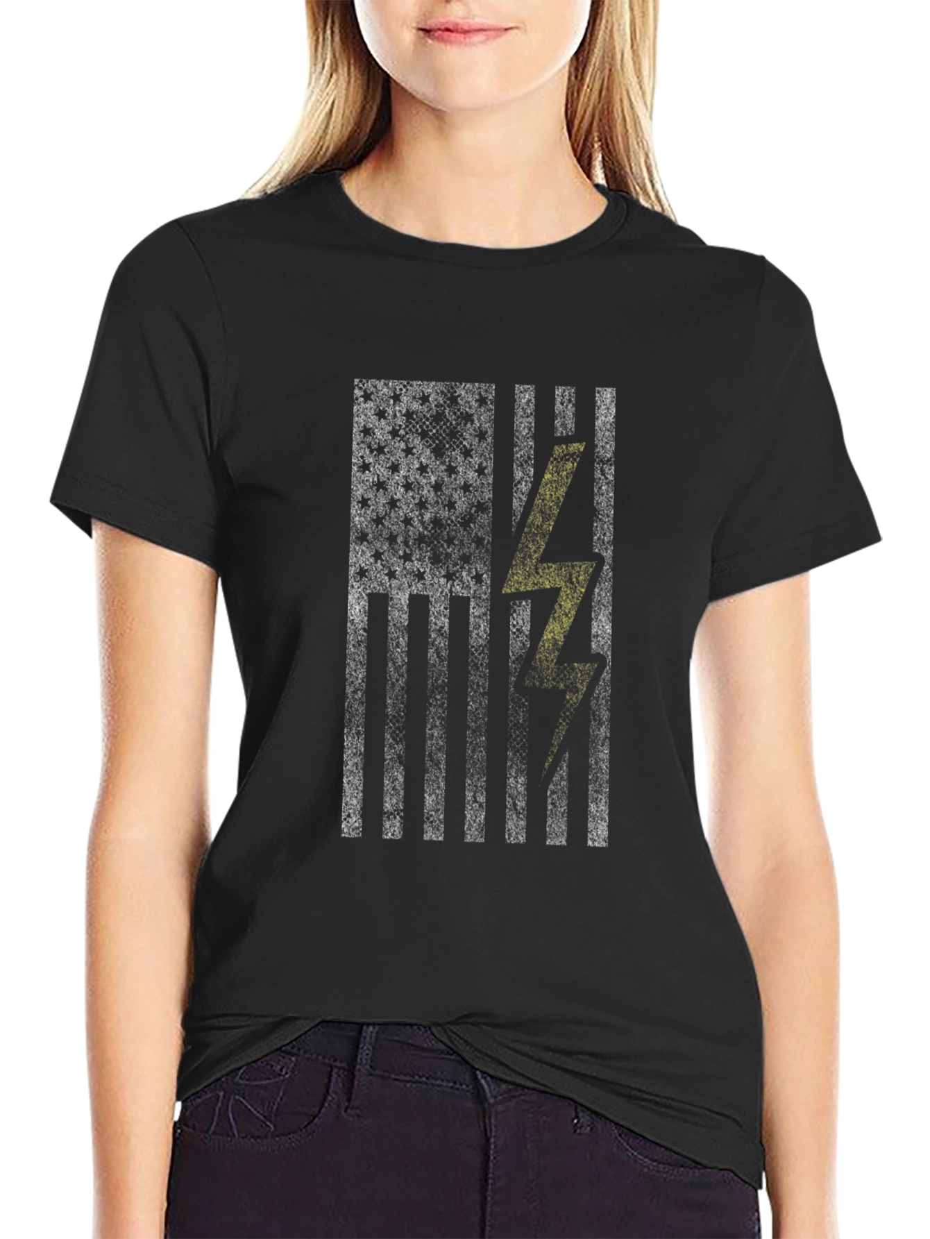 American Flag Lightning Bolt Graphic Tee - Black