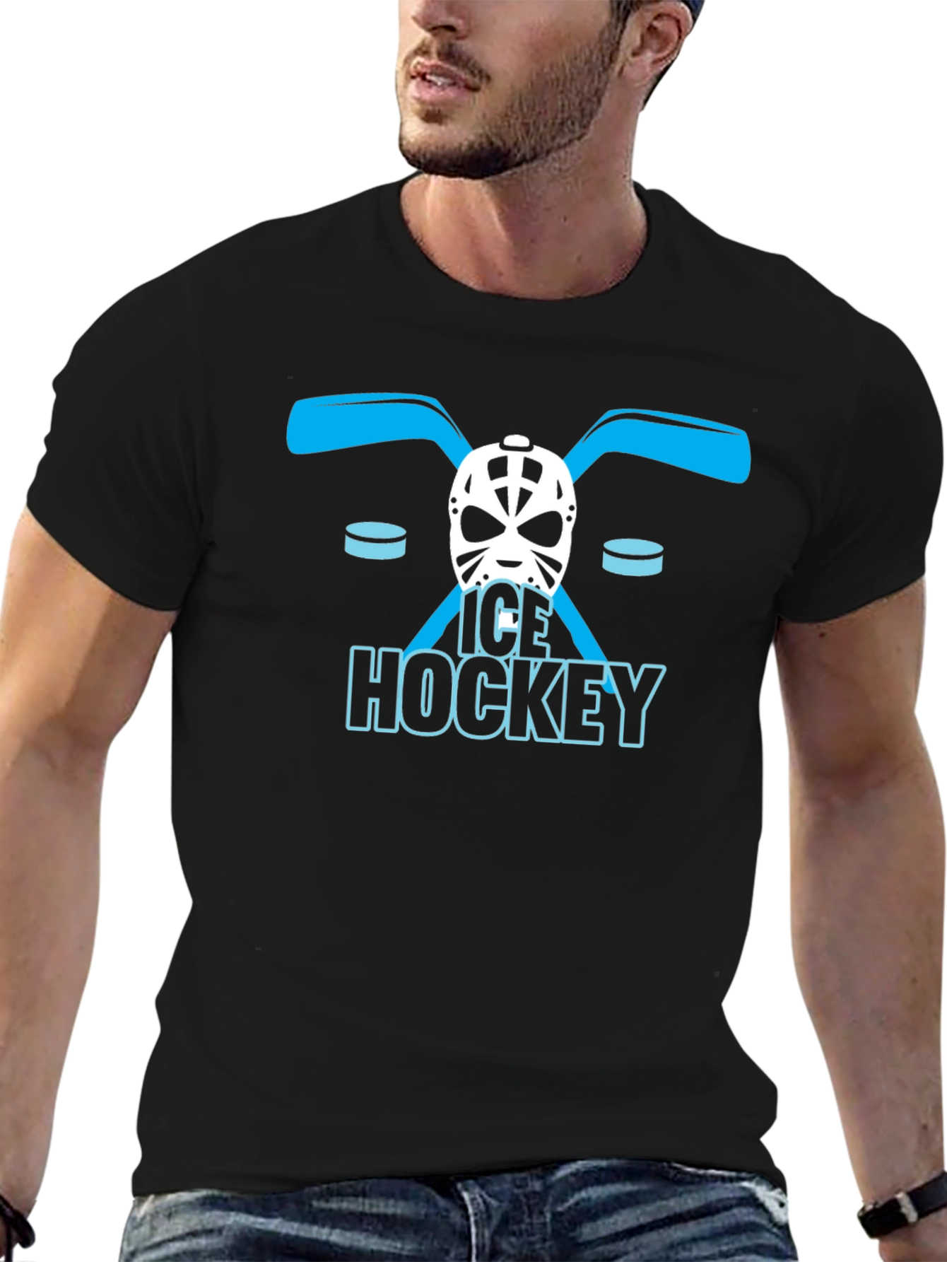 Ice Hockey Graphic Tee - Black Cotton T-Shirt