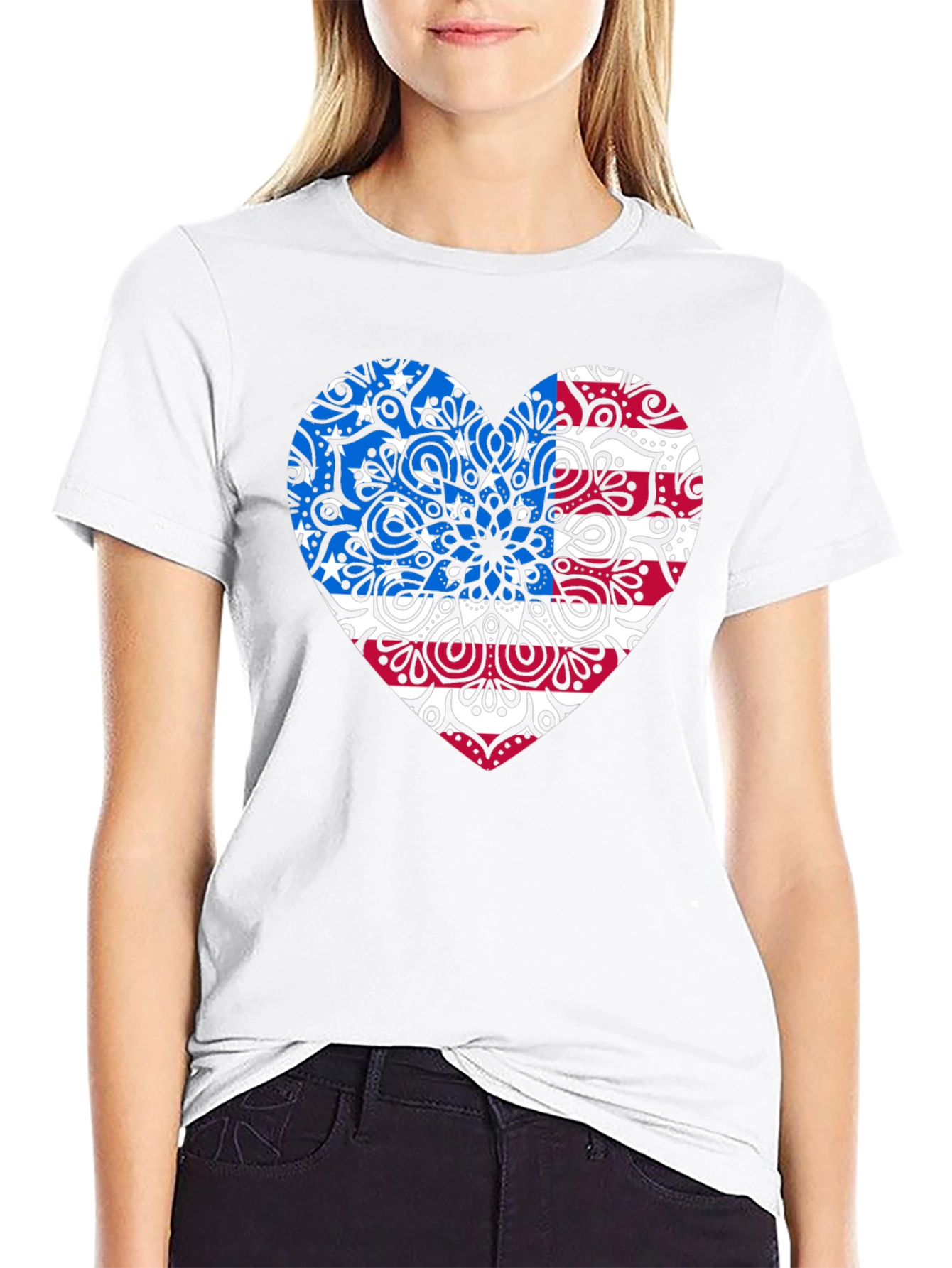 Patriotic Heart Mandala Graphic Tee - USA Pride Shirt