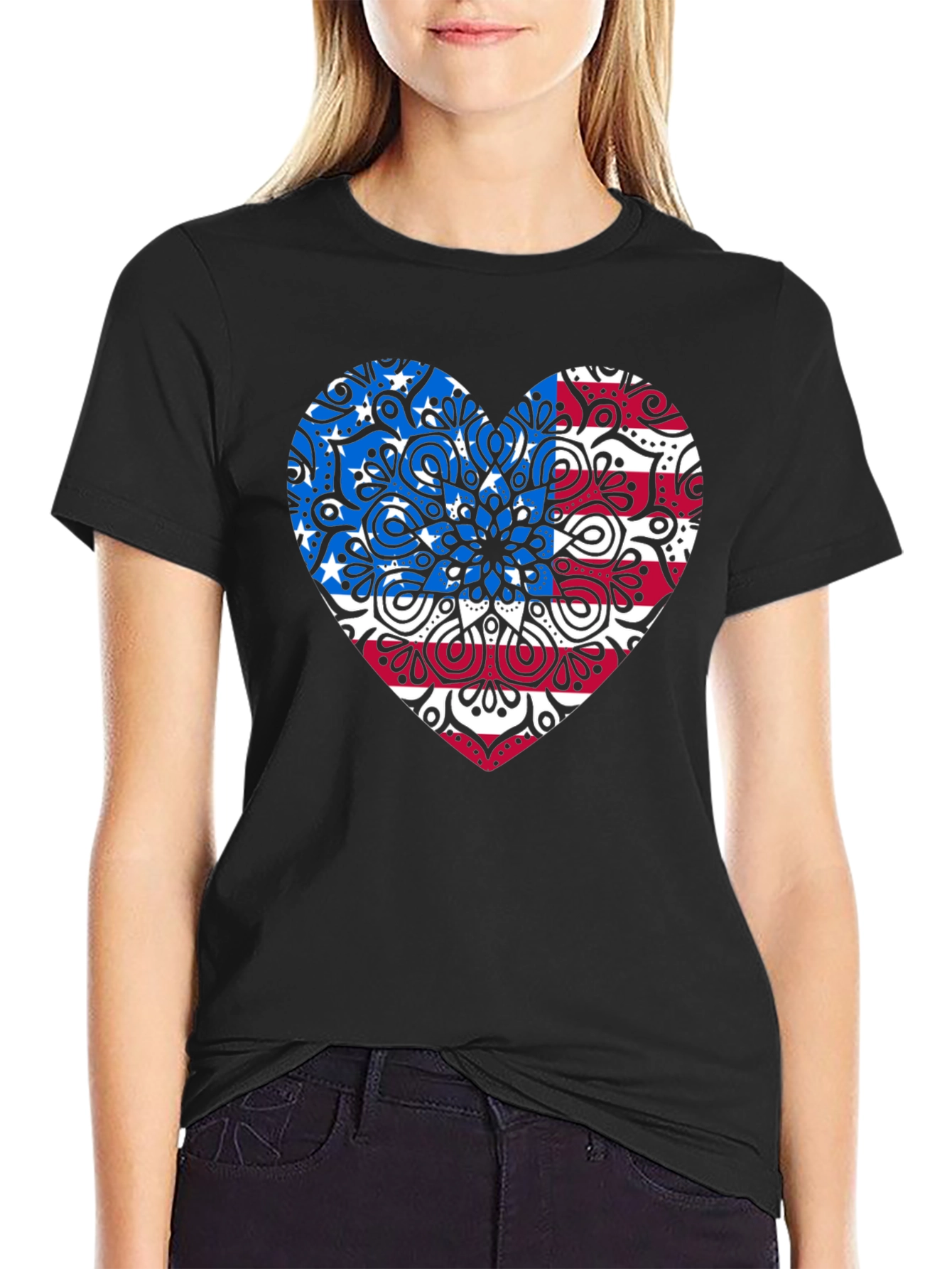 Patriotic Heart Mandala Graphic Tee - USA Pride Shirt