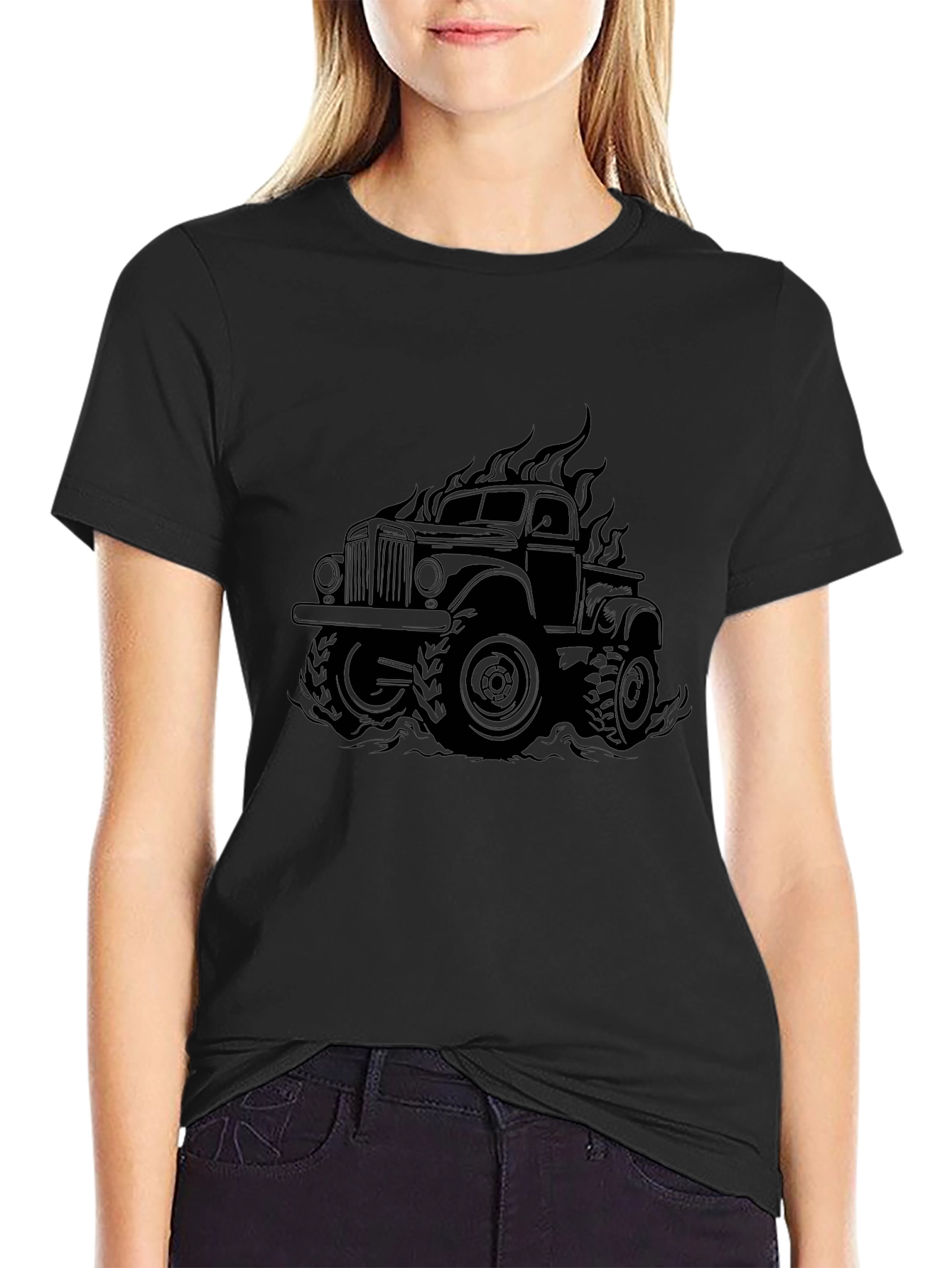 Black Monster Truck Flames Graphic Tee