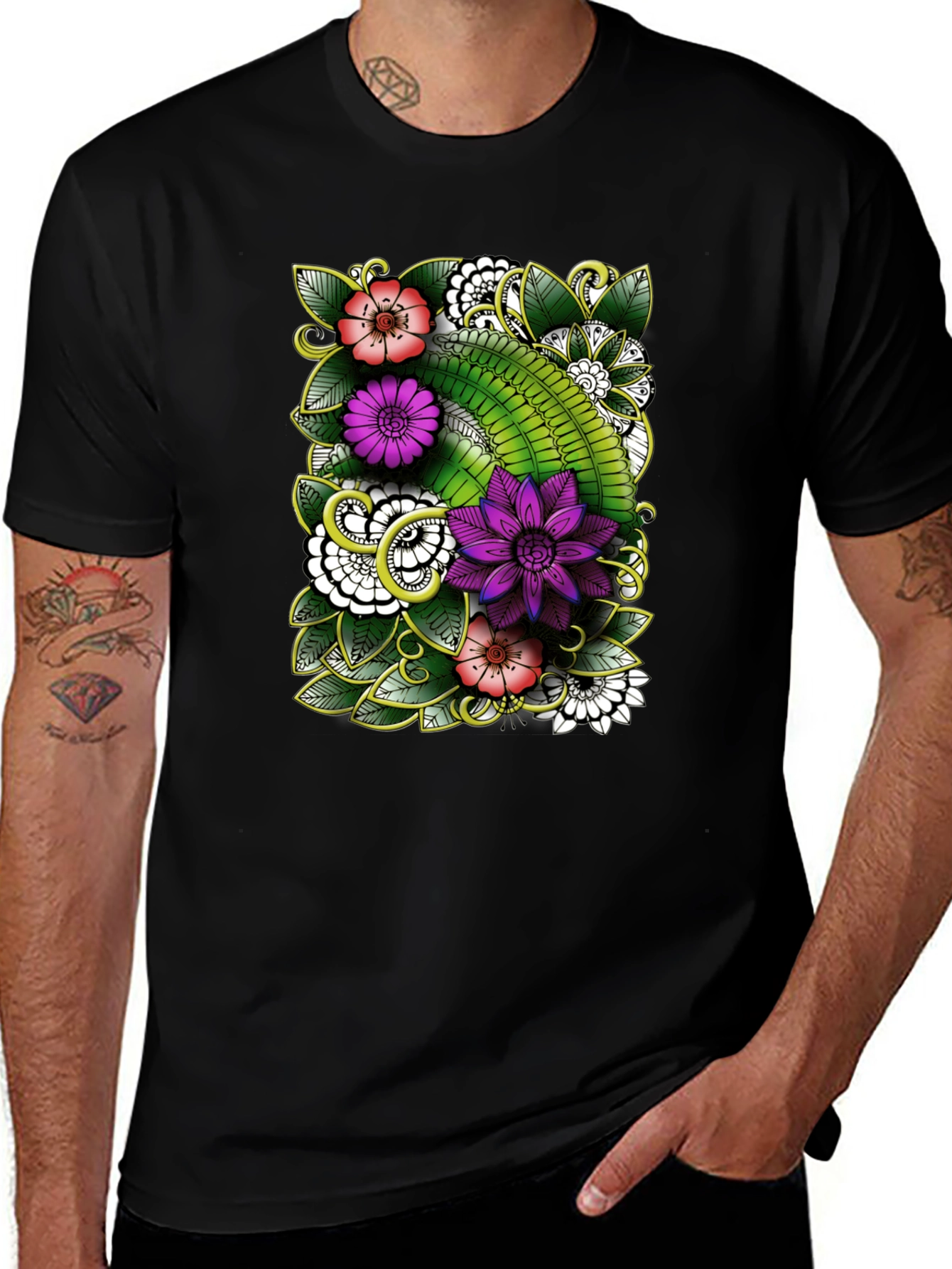 Floral Patterned Mens Black T-Shirt