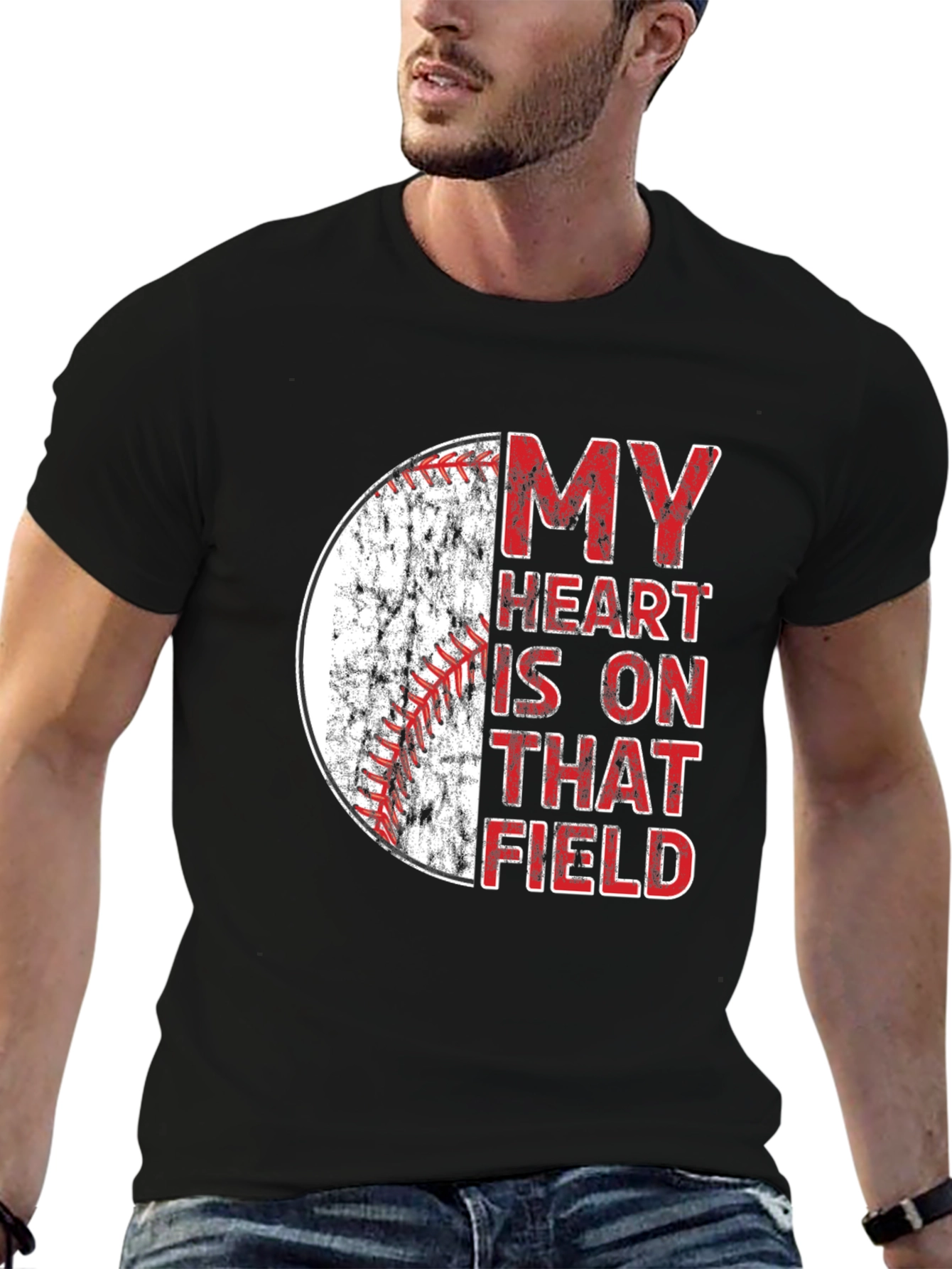 Baseball Heart Field Graphic Tee - Black Cotton