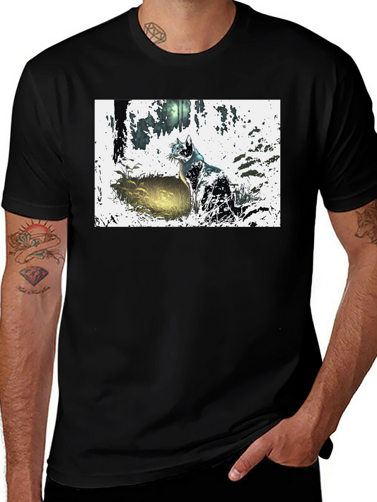 Cat in Forest Graphic Tee - Black Cotton Comfort