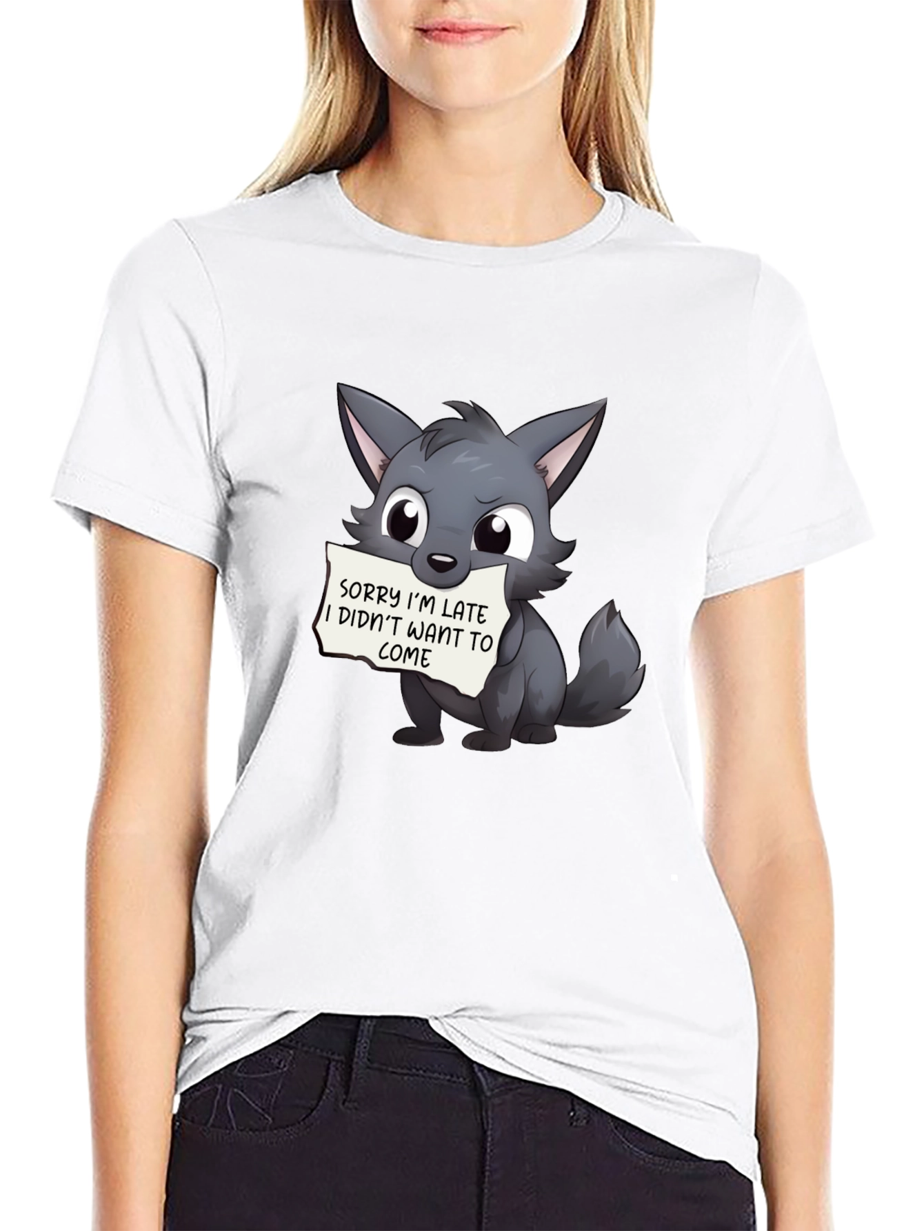 Cute Wolf Sorry Im Late Black T-Shirt