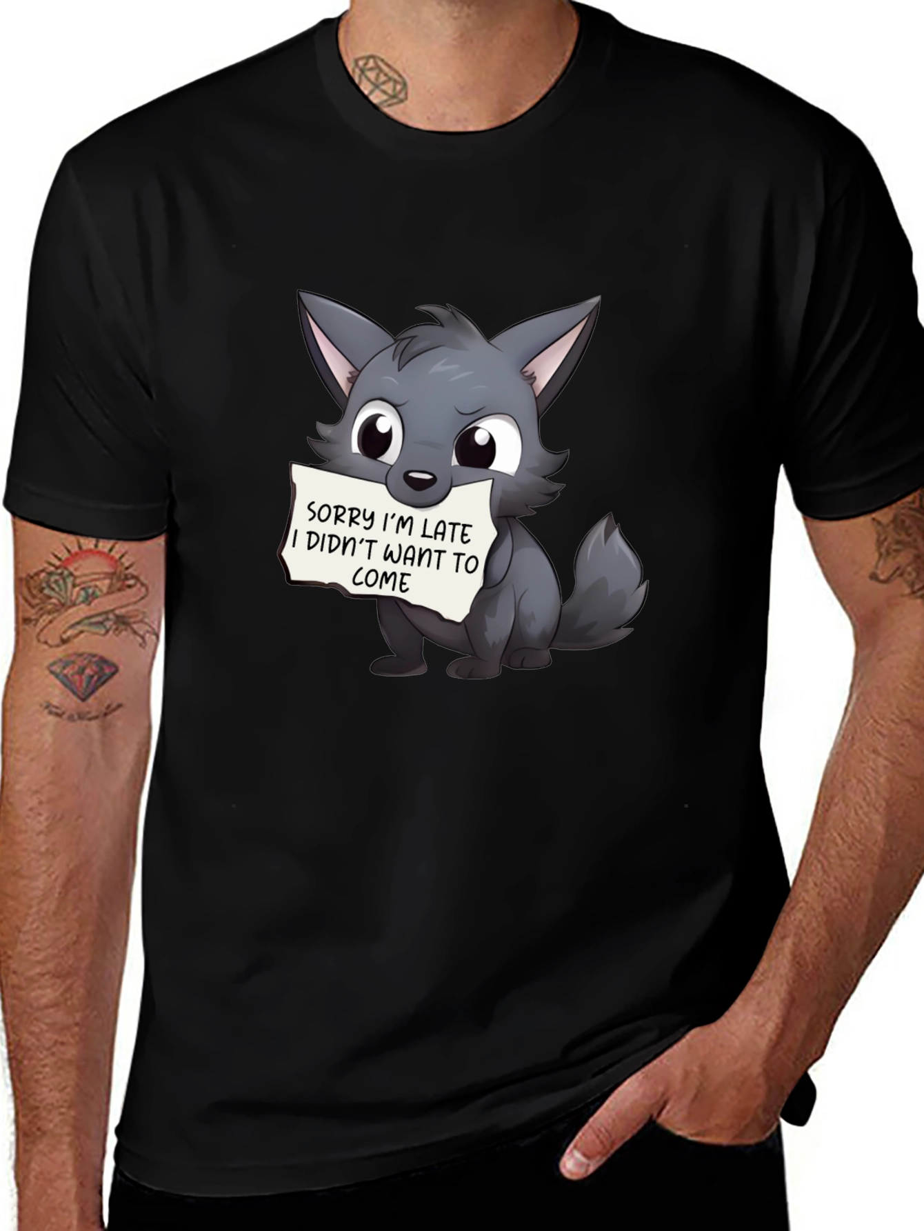 Cute Wolf Sorry Im Late Black T-Shirt