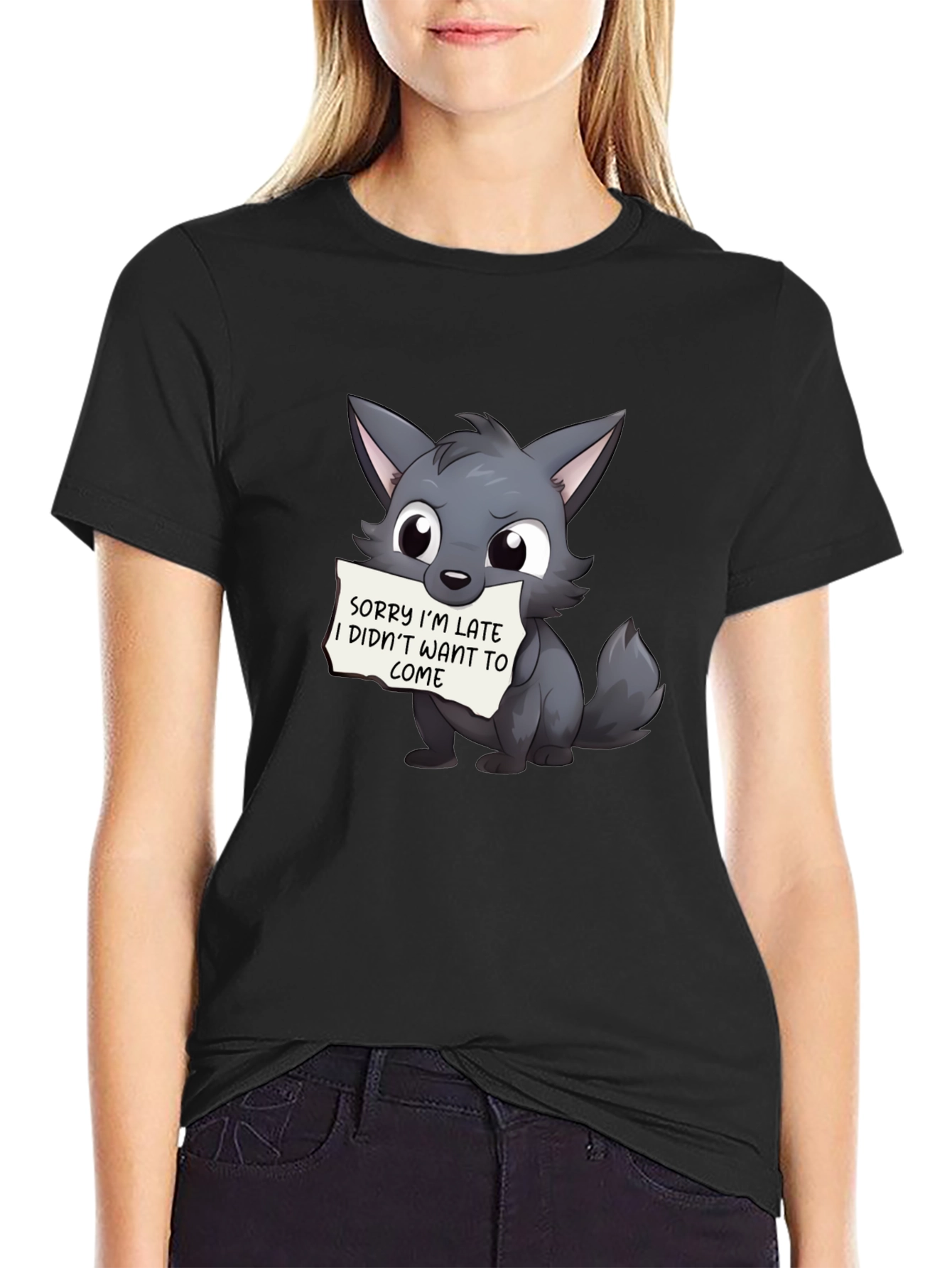 Cute Wolf Sorry Im Late Black T-Shirt