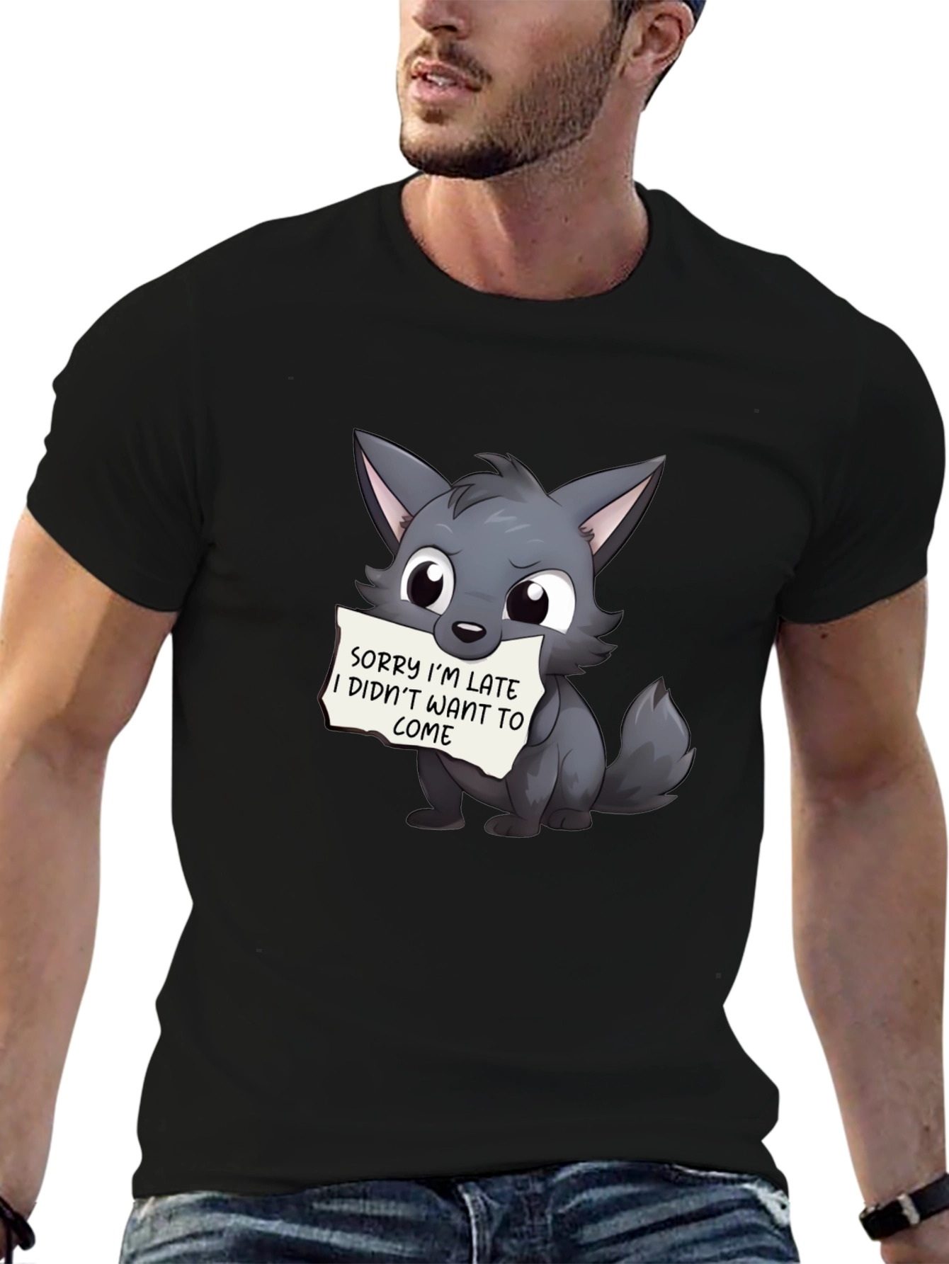 Cute Wolf Sorry Im Late Black T-Shirt