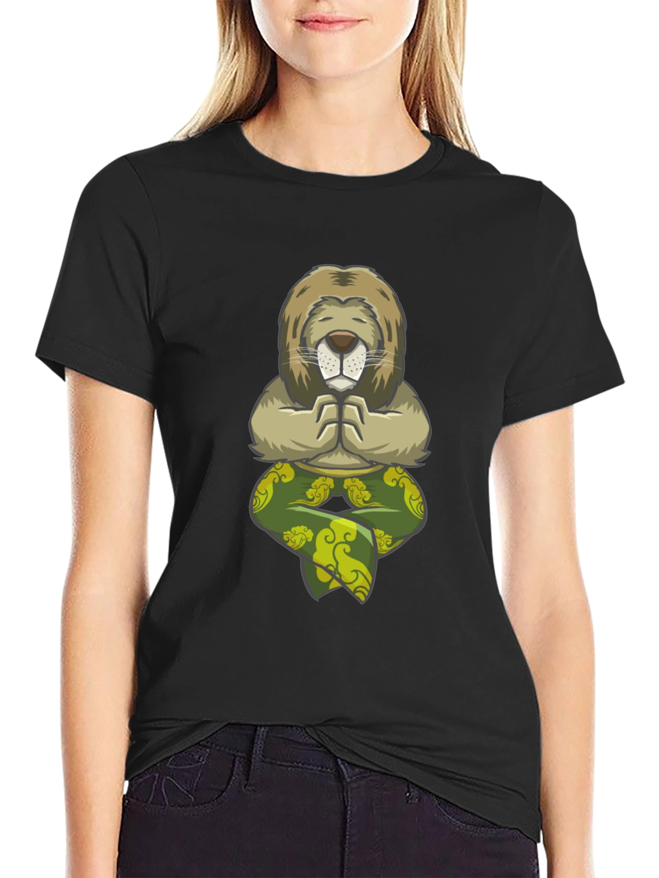 Meditating Lion Graphic Tee - Black Cotton T-Shirt