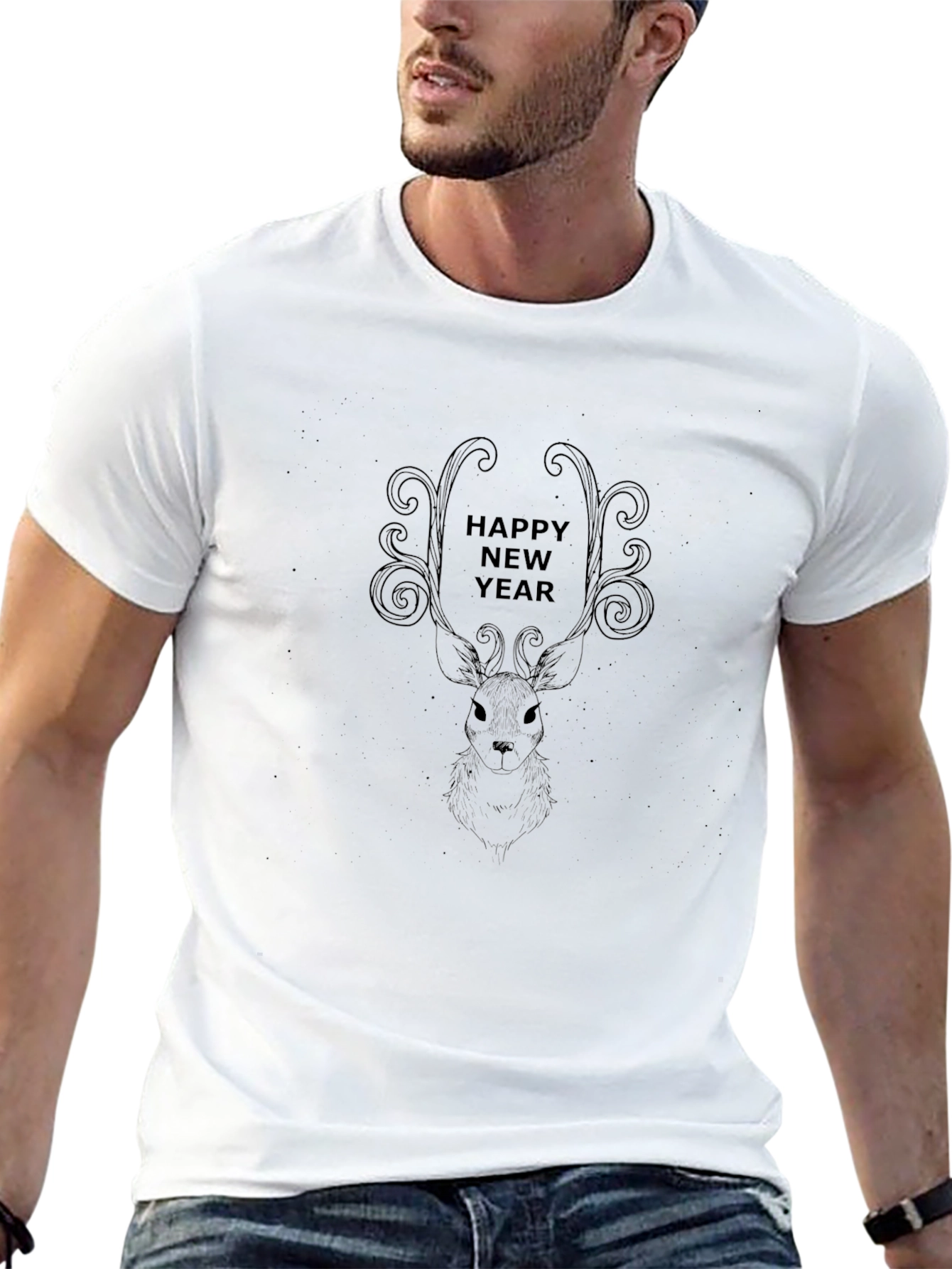 Festive New Year Deer Graphic Tee - Black