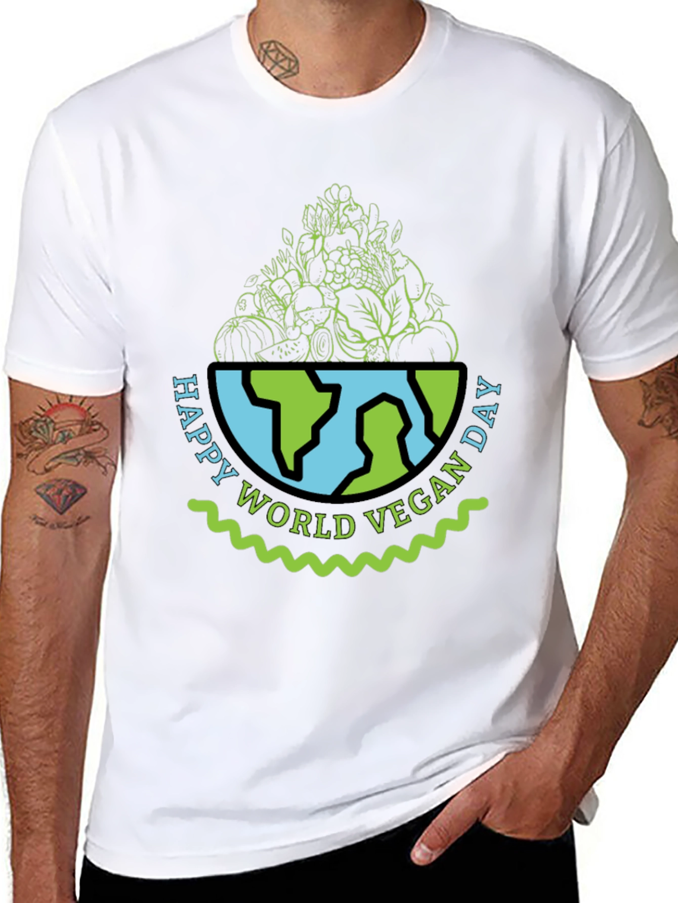 Vegan Day T-Shirt - World Globe with Vegetables