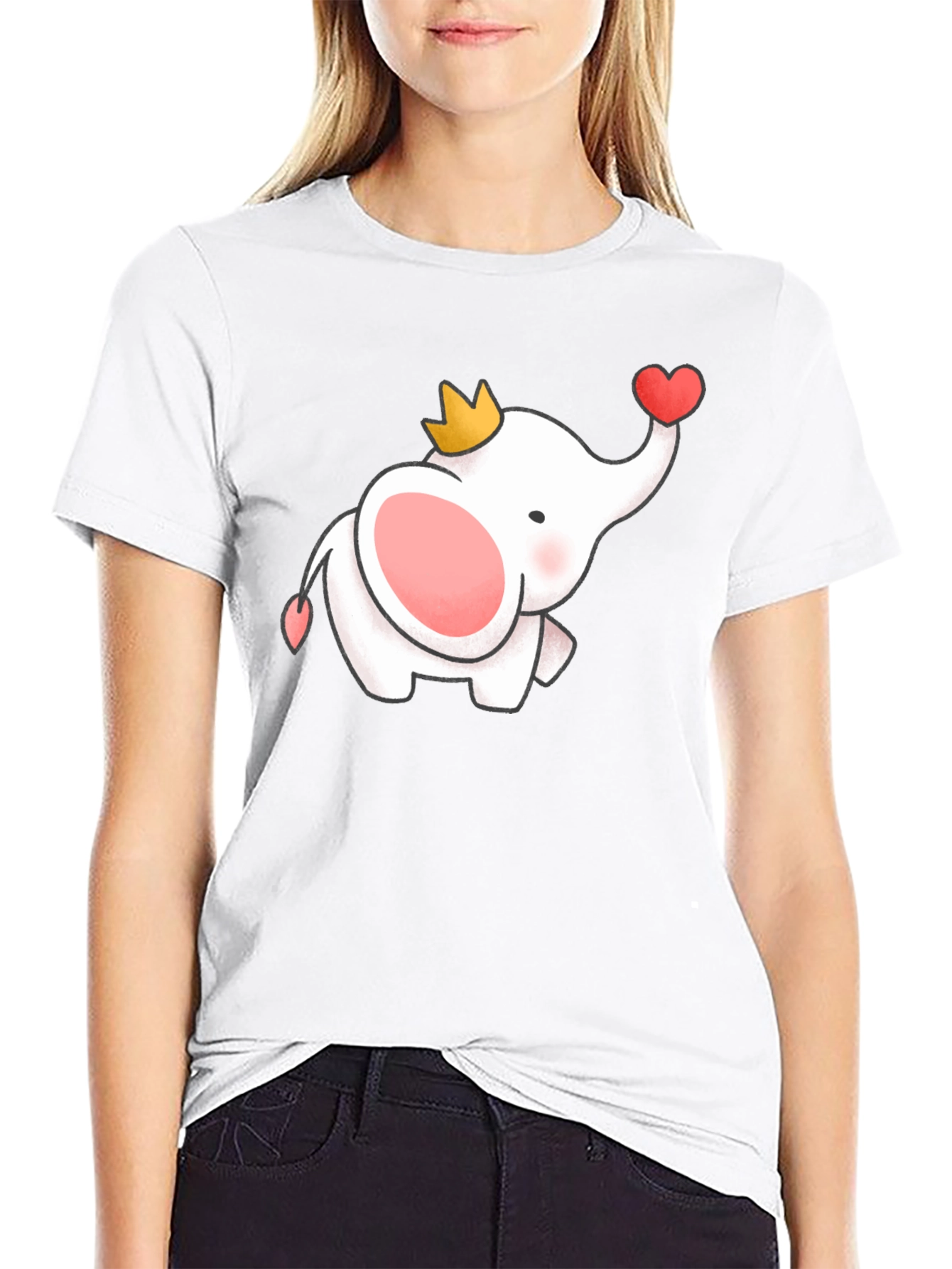 Cute Elephant Crown Heart Black Tee