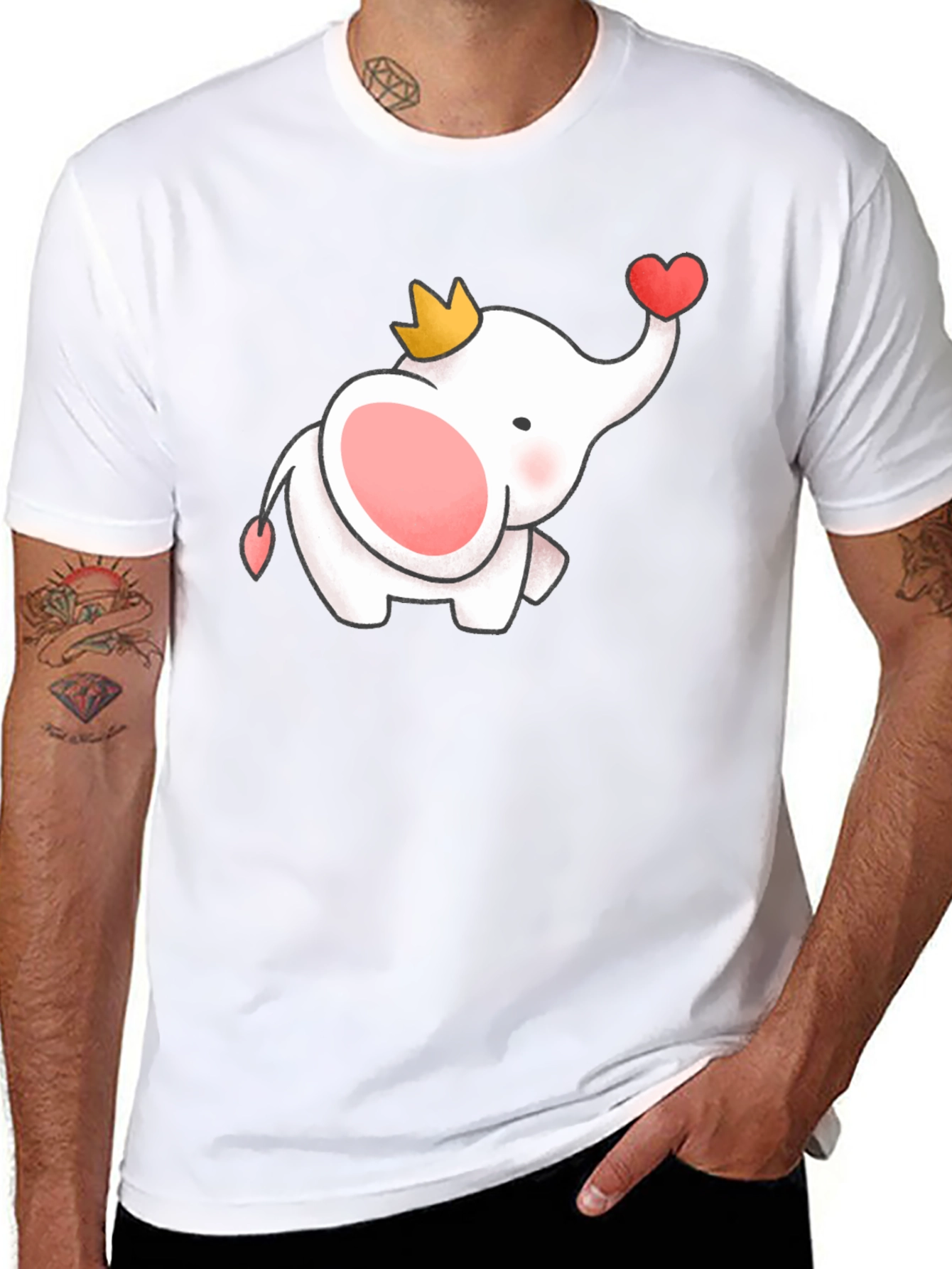 Cute Elephant Crown Heart Black Tee