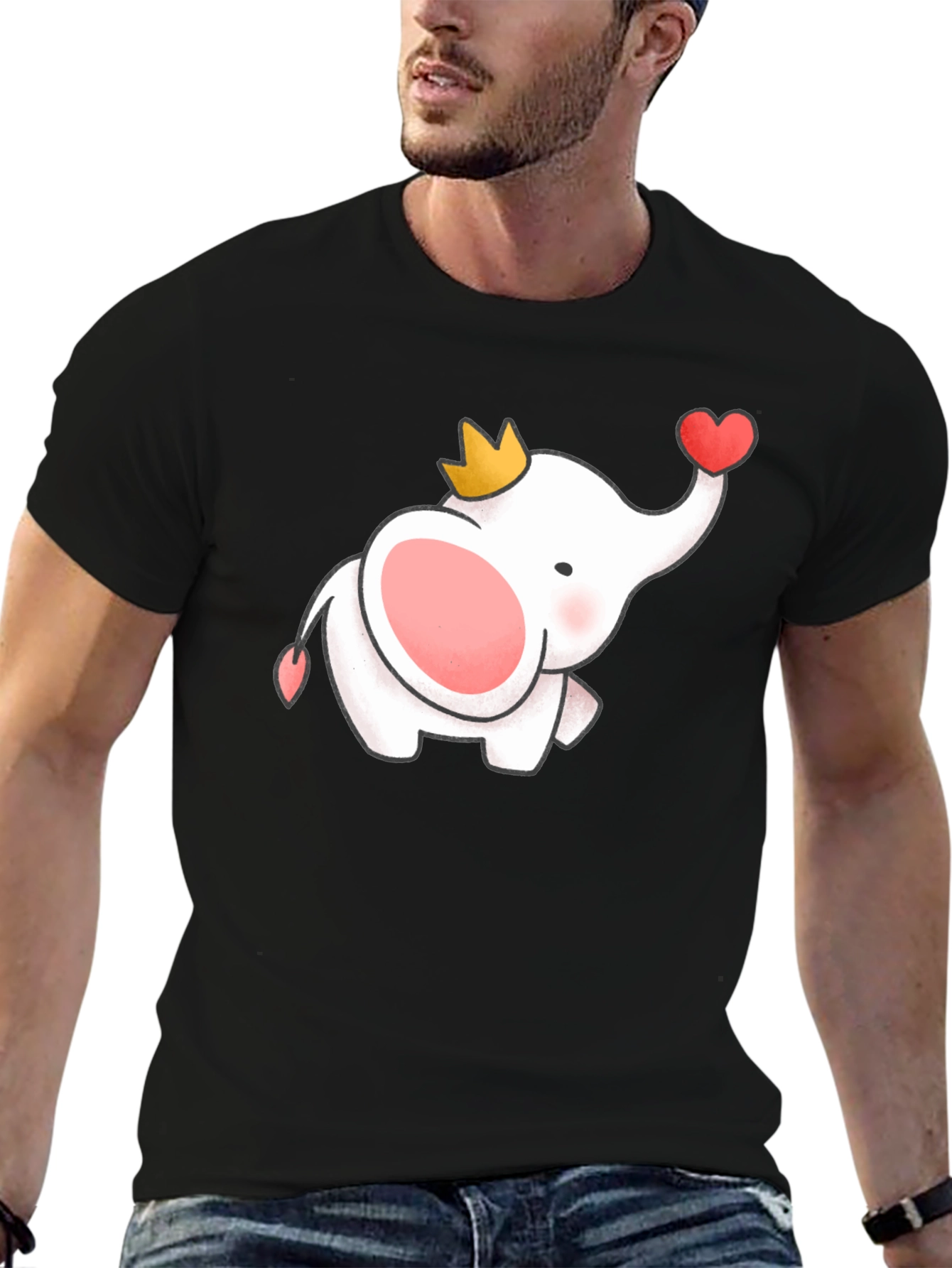 Cute Elephant Crown Heart Black Tee