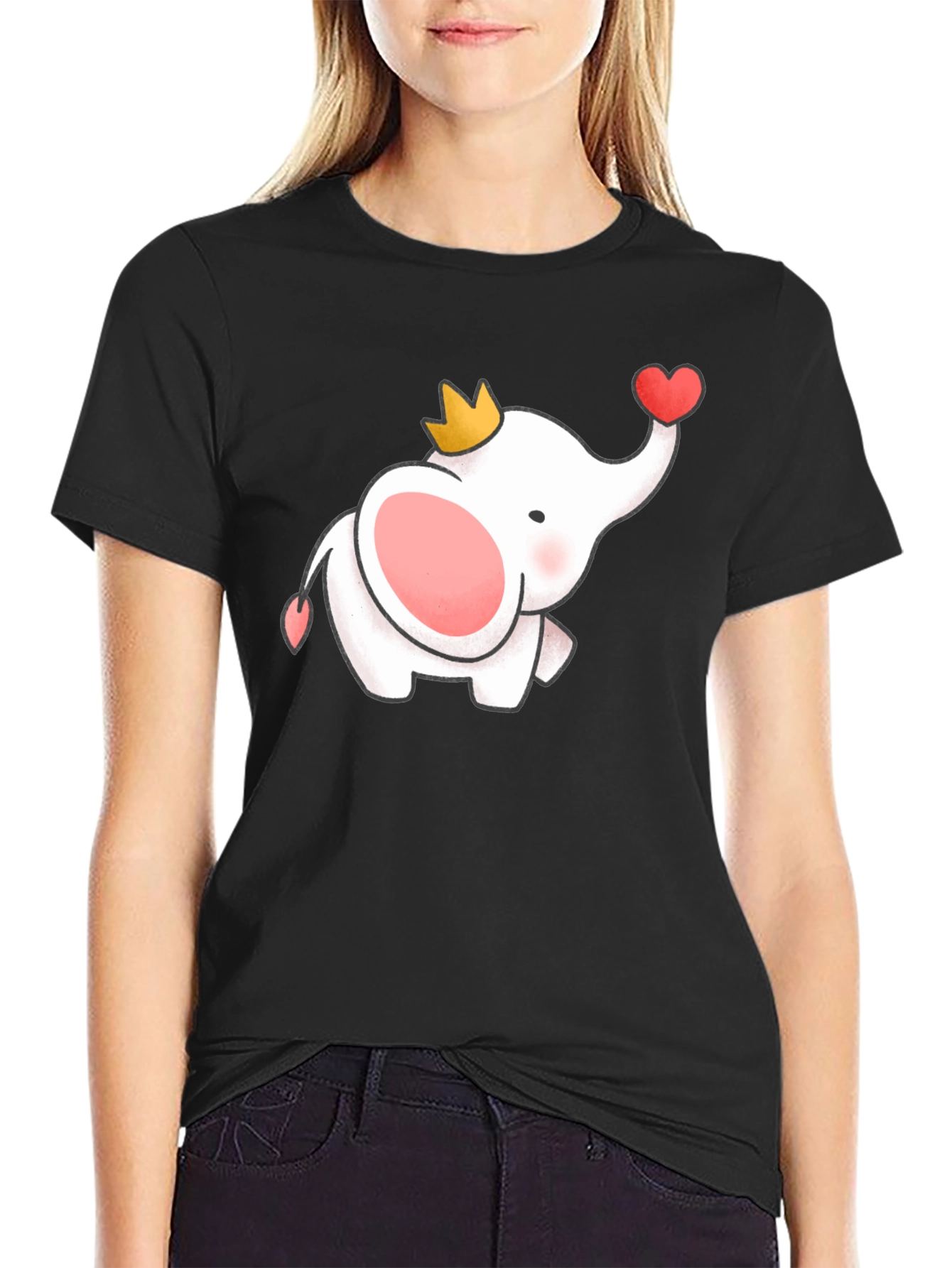 Cute Elephant Crown Heart Black Tee