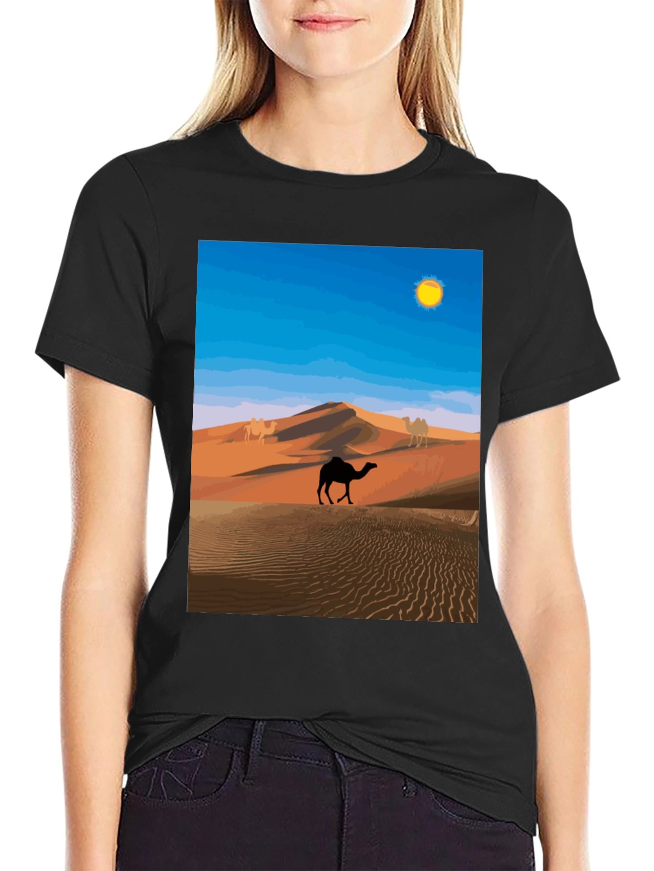 Desert Camel Graphic Tee - Black Cotton T-Shirt