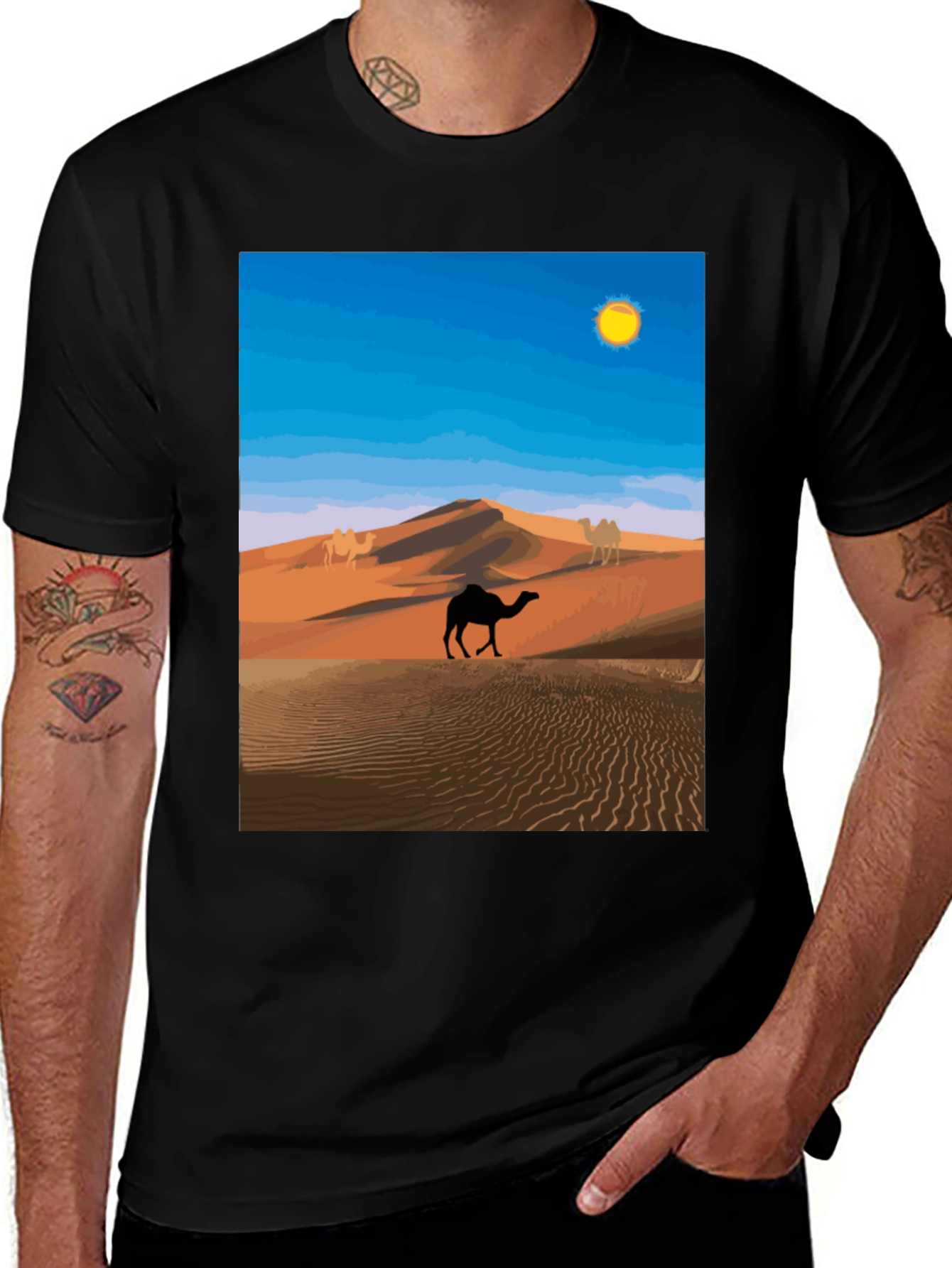 Desert Camel Graphic Tee - Black Cotton T-Shirt
