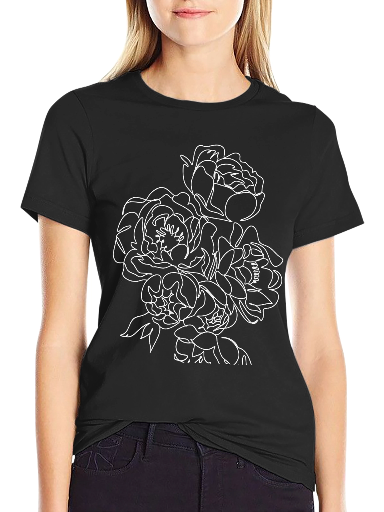 Floral Line Art Black T-Shirt