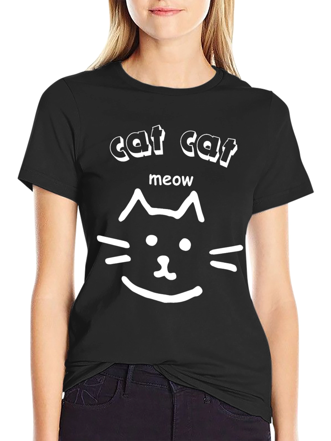 Cat Face Meow Black Graphic Tee