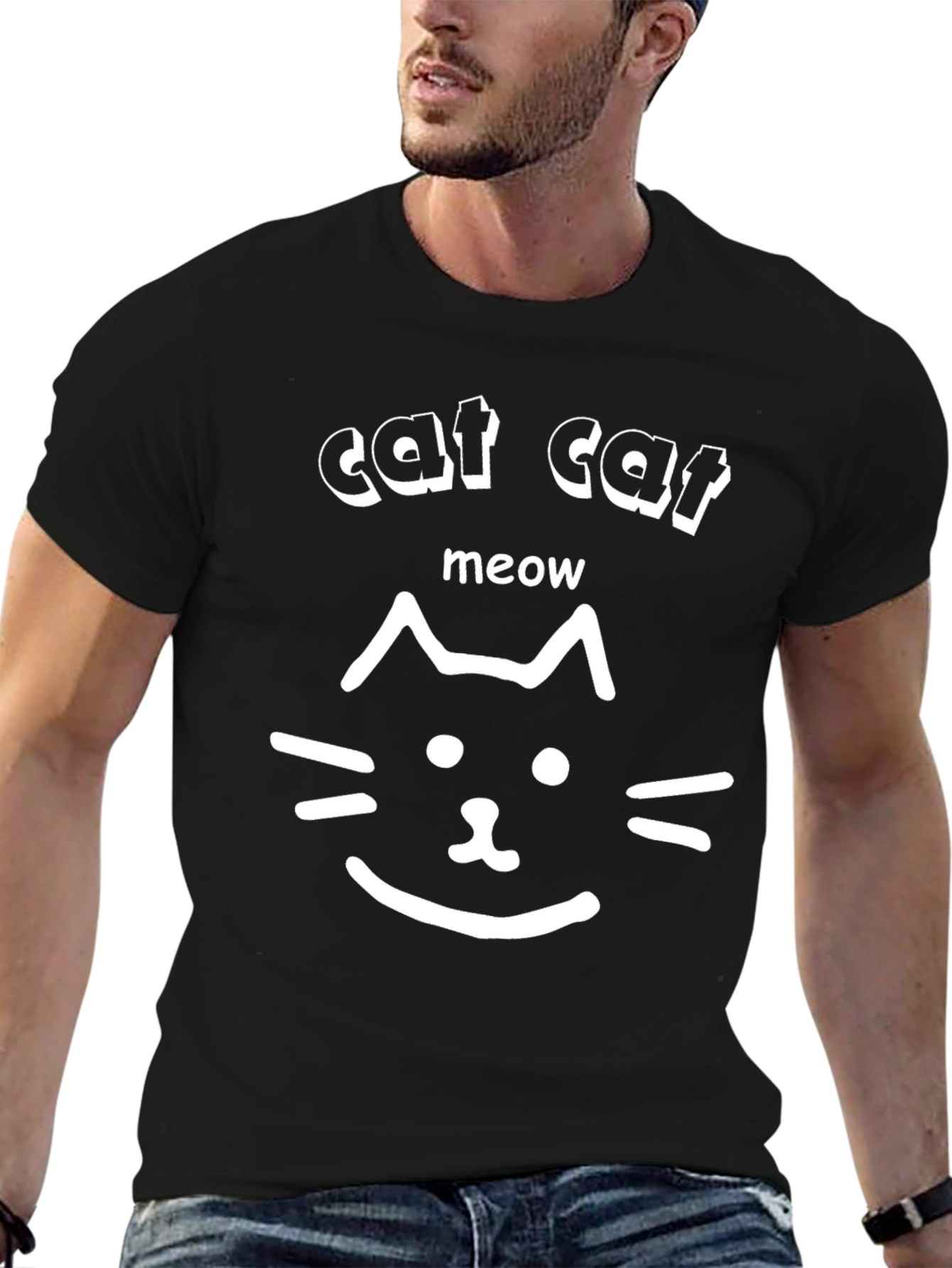 Cat Face Meow Black Graphic Tee