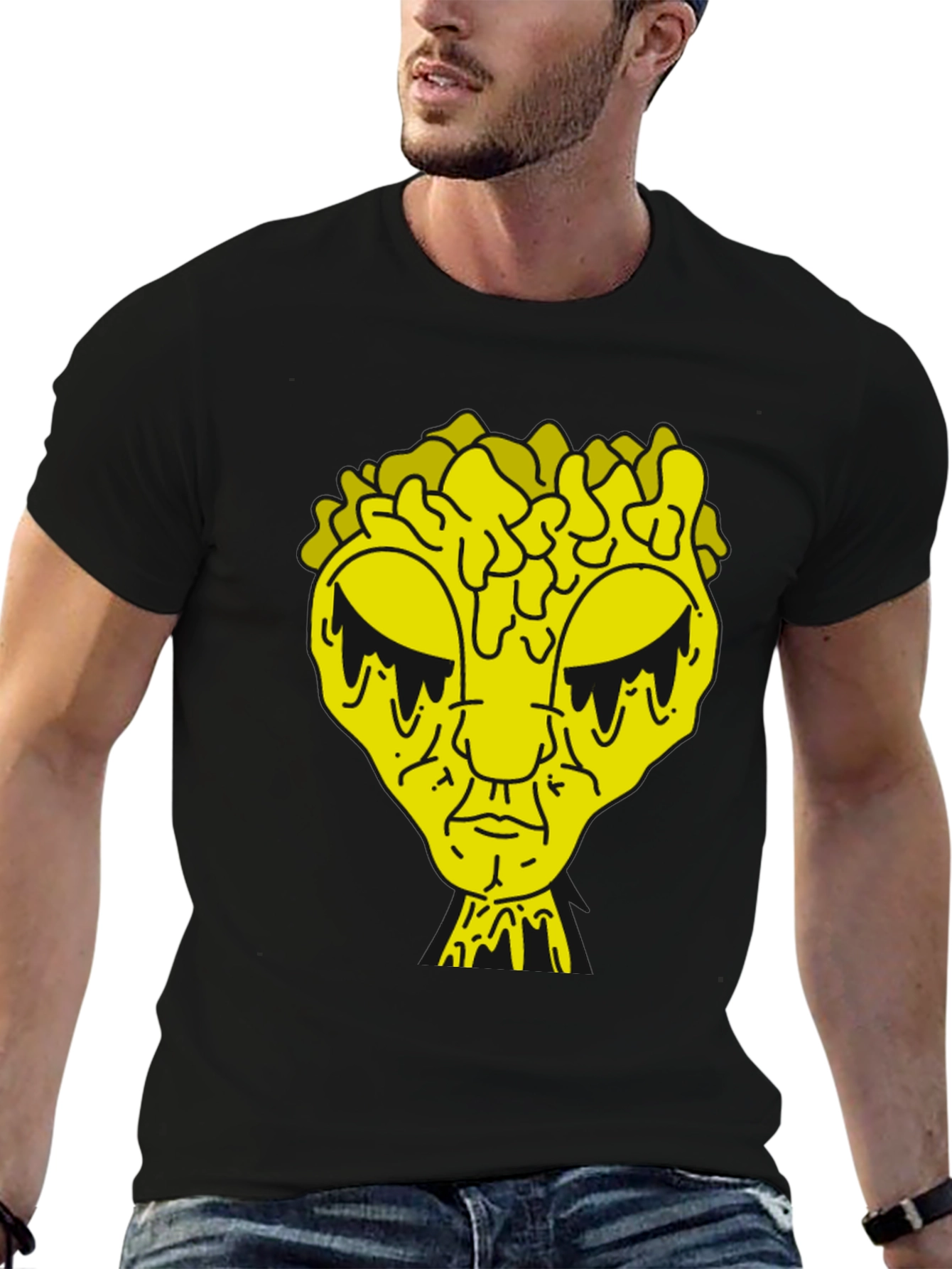 Black T-Shirt with Dripping Yellow Alien Graphic