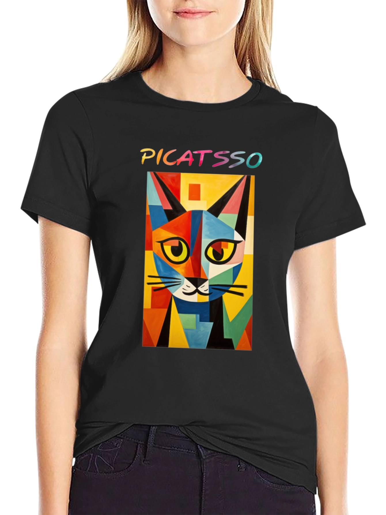 Picatasso Artistic Cat Graphic Tee - Trendy Black T-Shirt