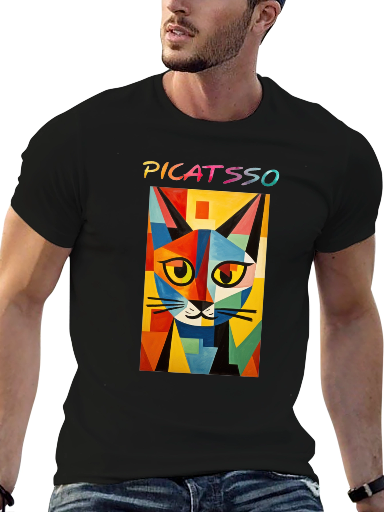 Picatasso Artistic Cat Graphic Tee - Trendy Black T-Shirt