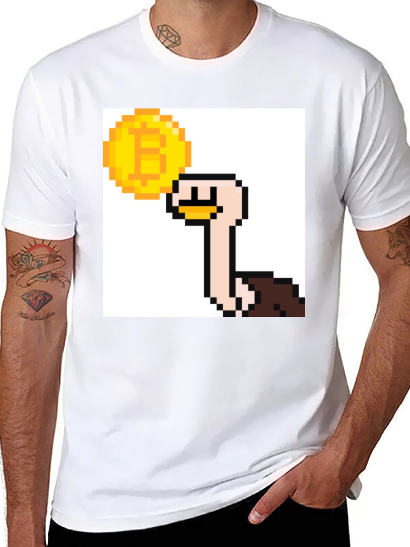 Bitcoin Ostrich Pixel Art Black T-Shirt