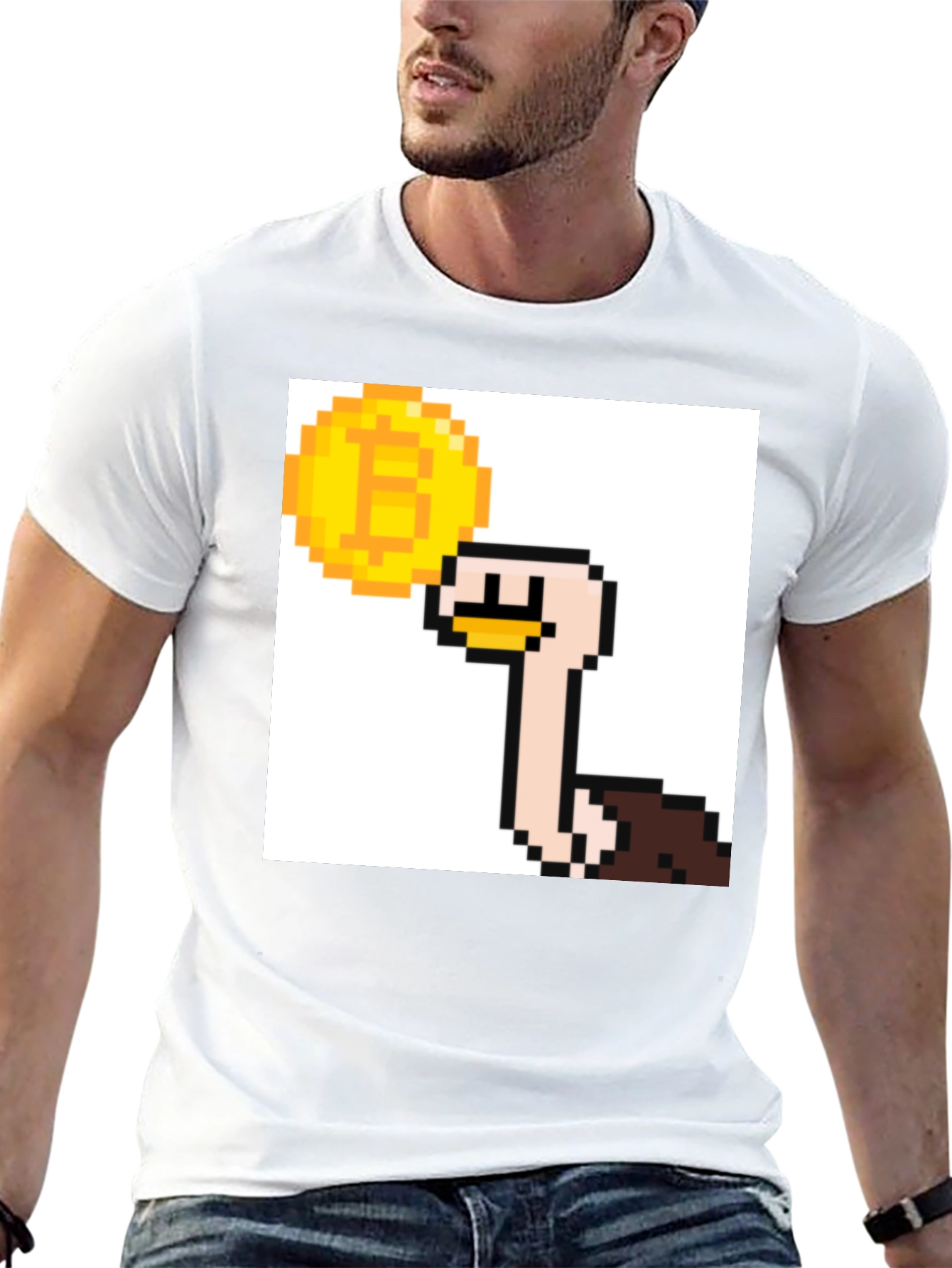 Bitcoin Ostrich Pixel Art Black T-Shirt