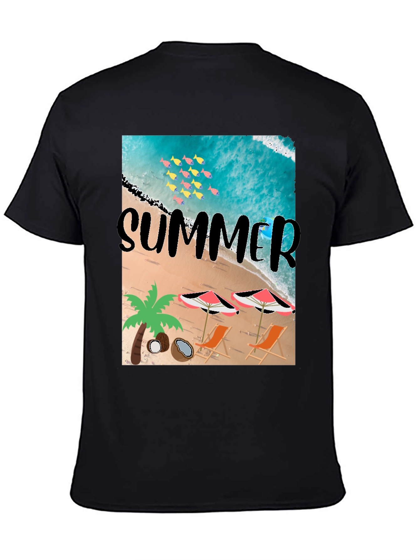 Summer Beach Print Black T-Shirt