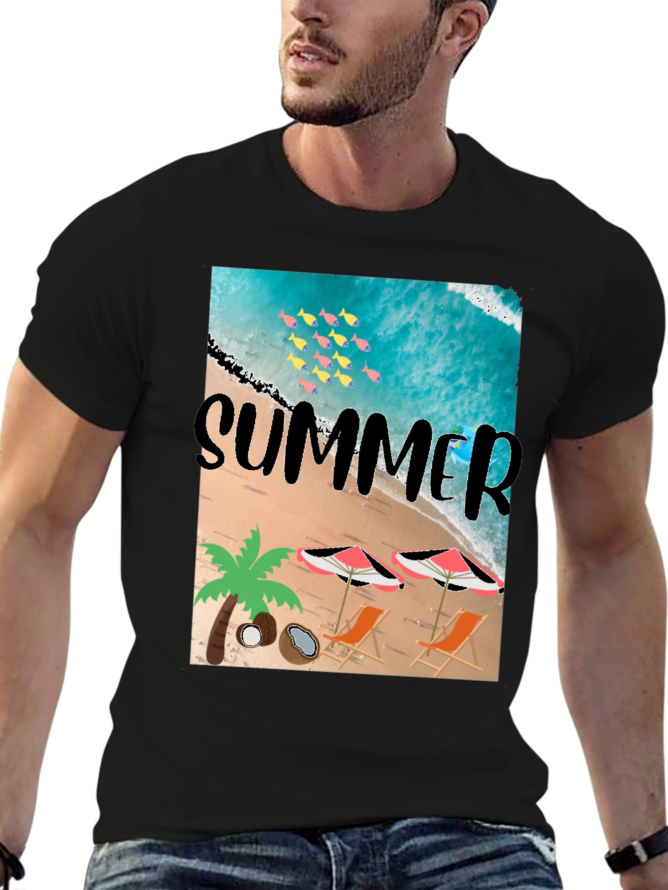 Summer Beach Print Black T-Shirt