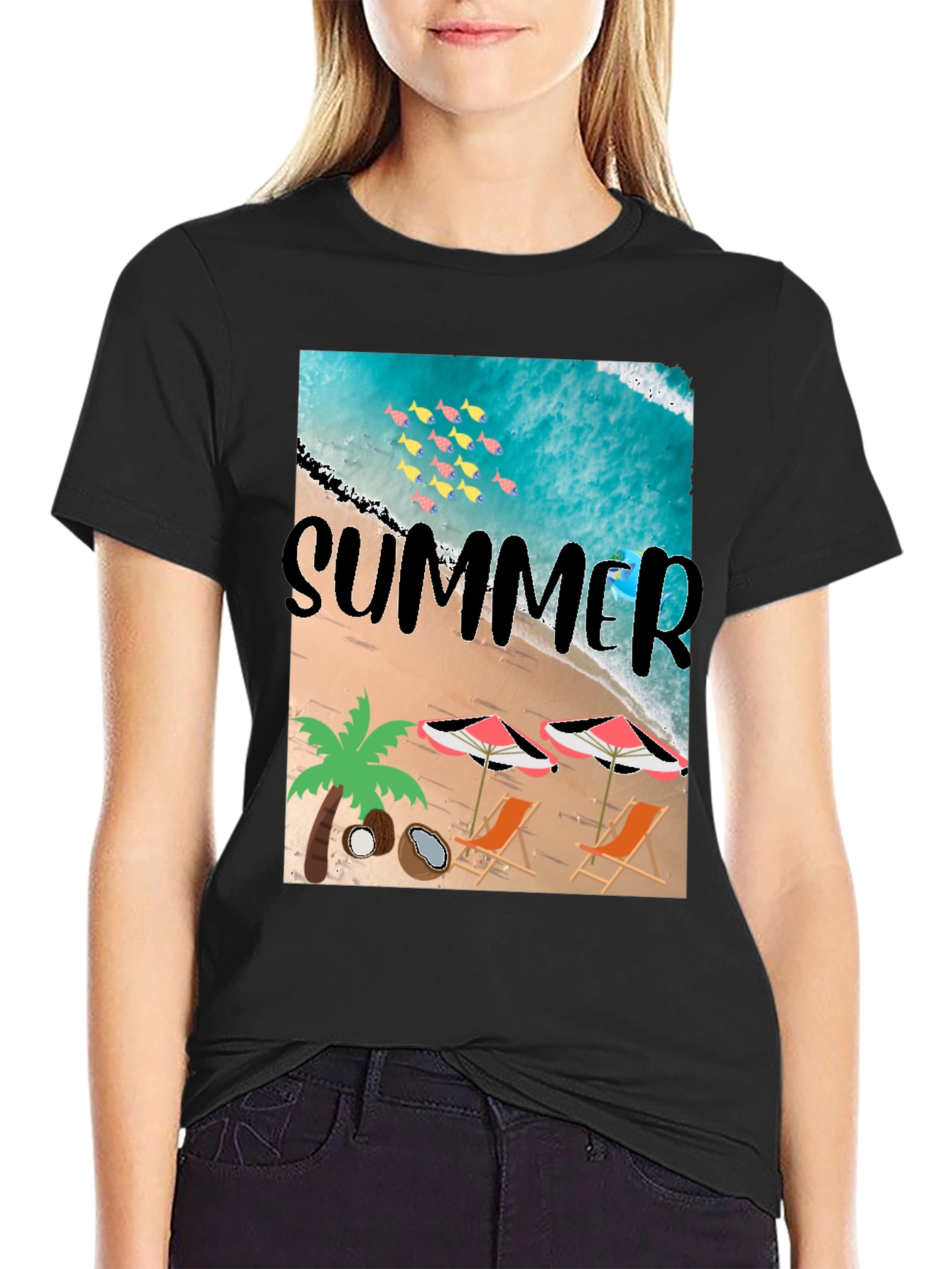 Summer Beach Print Black T-Shirt