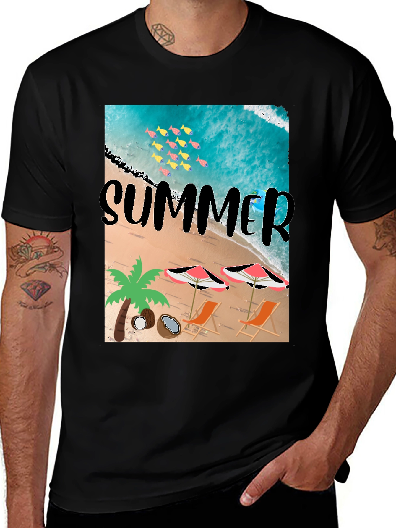 Summer Beach Print Black T-Shirt