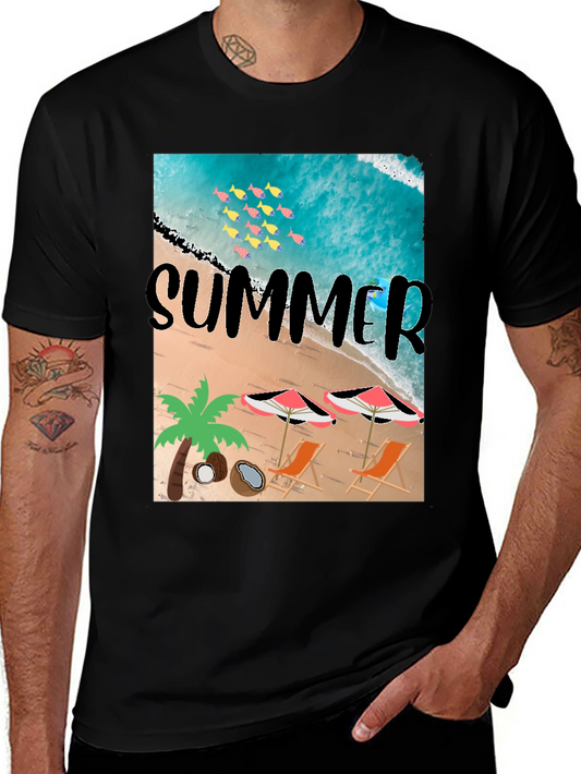 Summer Beach Print Black T-Shirt
