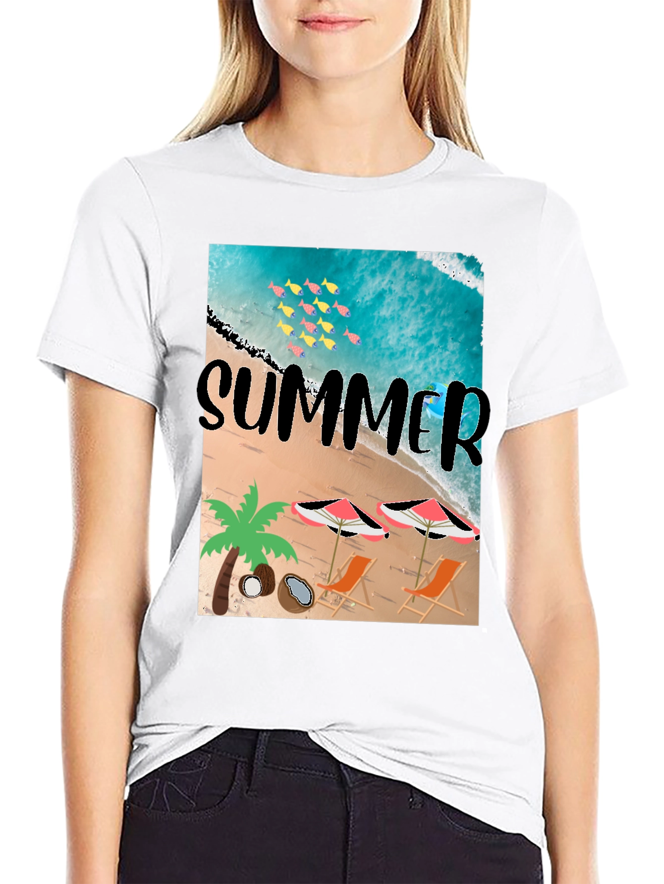 Summer Beach Print Black T-Shirt