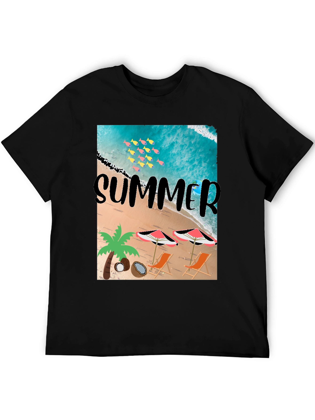 Summer Beach Print Black T-Shirt
