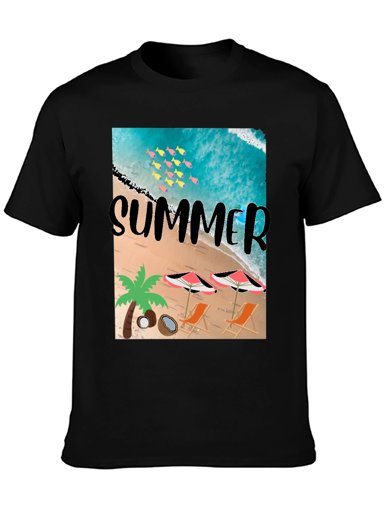 Summer Beach Print Black T-Shirt