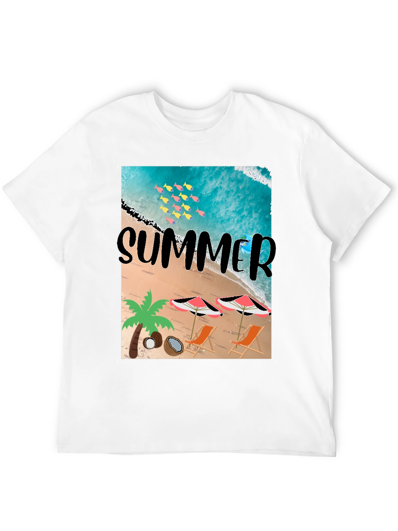 Summer Beach Print Black T-Shirt