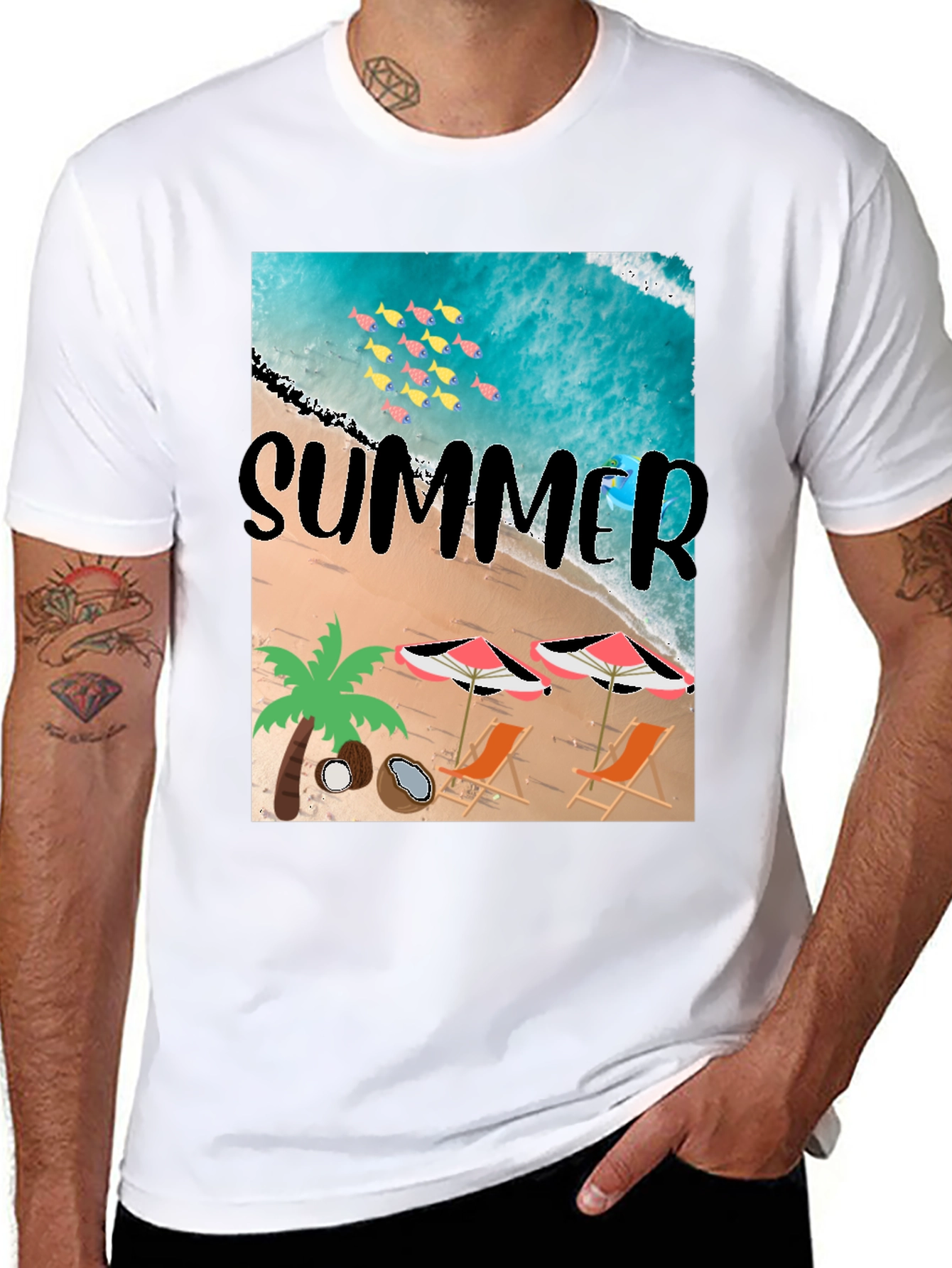 Summer Beach Print Black T-Shirt