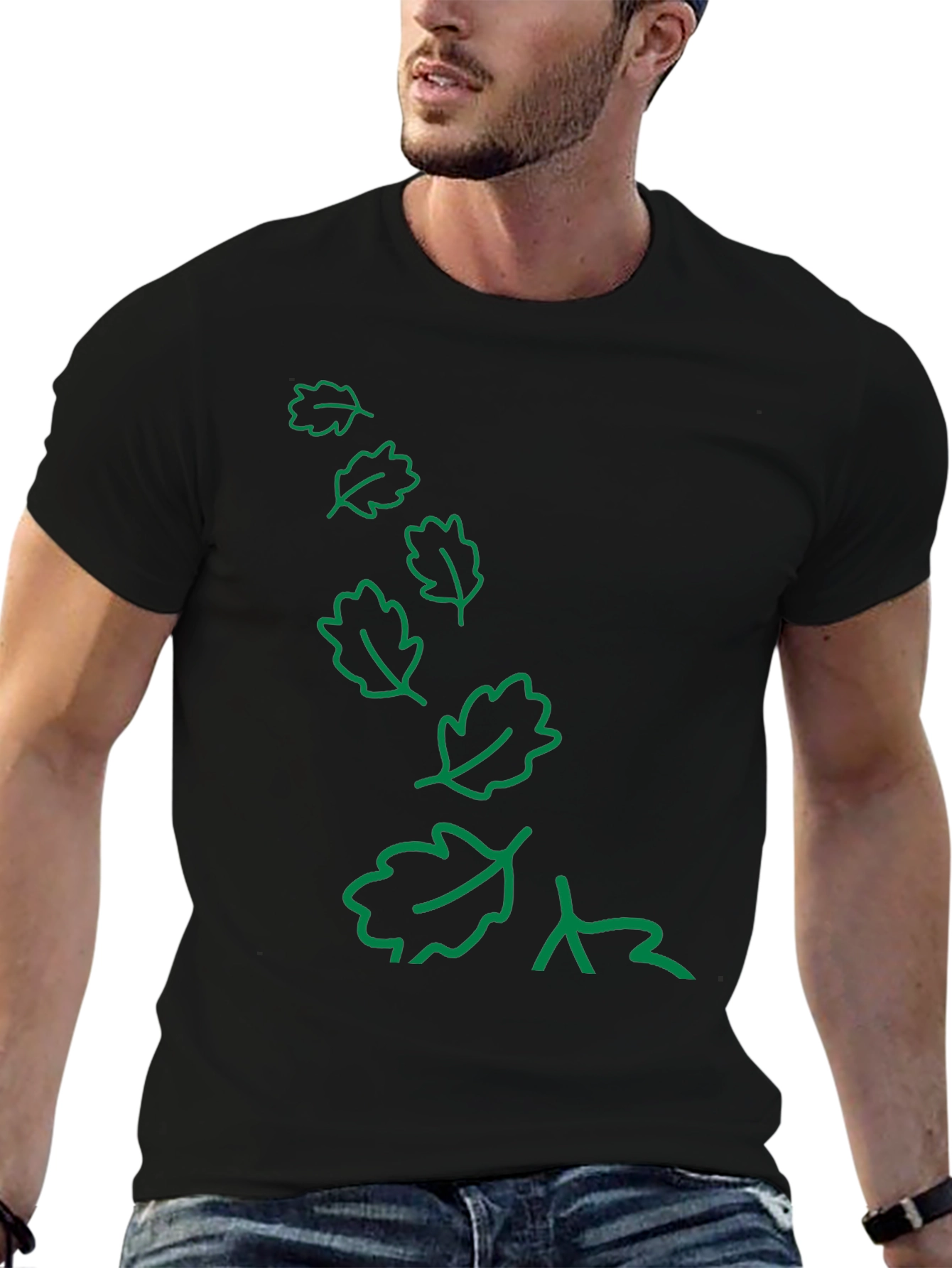 Nature Inspired Black T-Shirt with Green Leaf Design