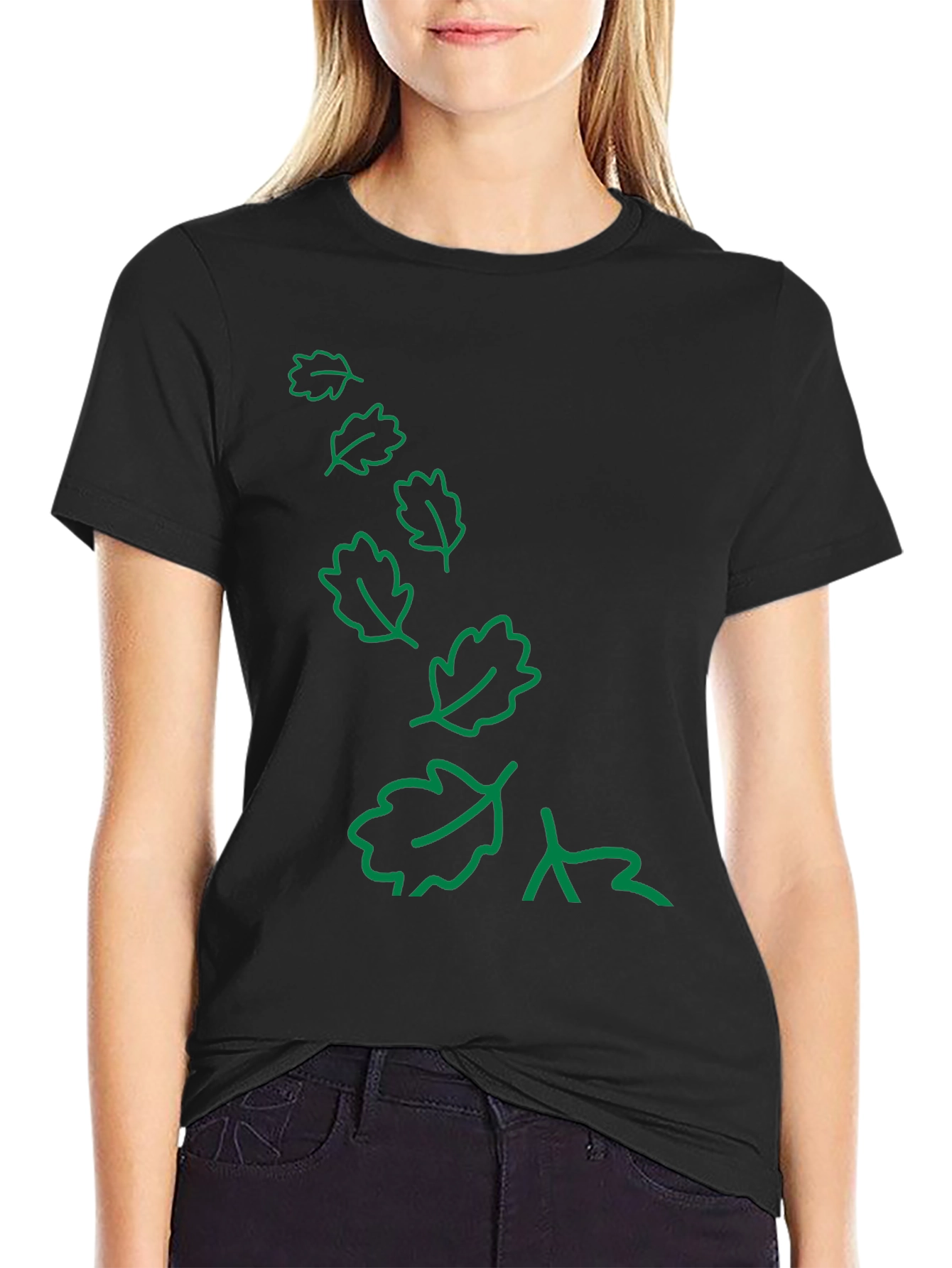 Nature Inspired Black T-Shirt with Green Leaf Design