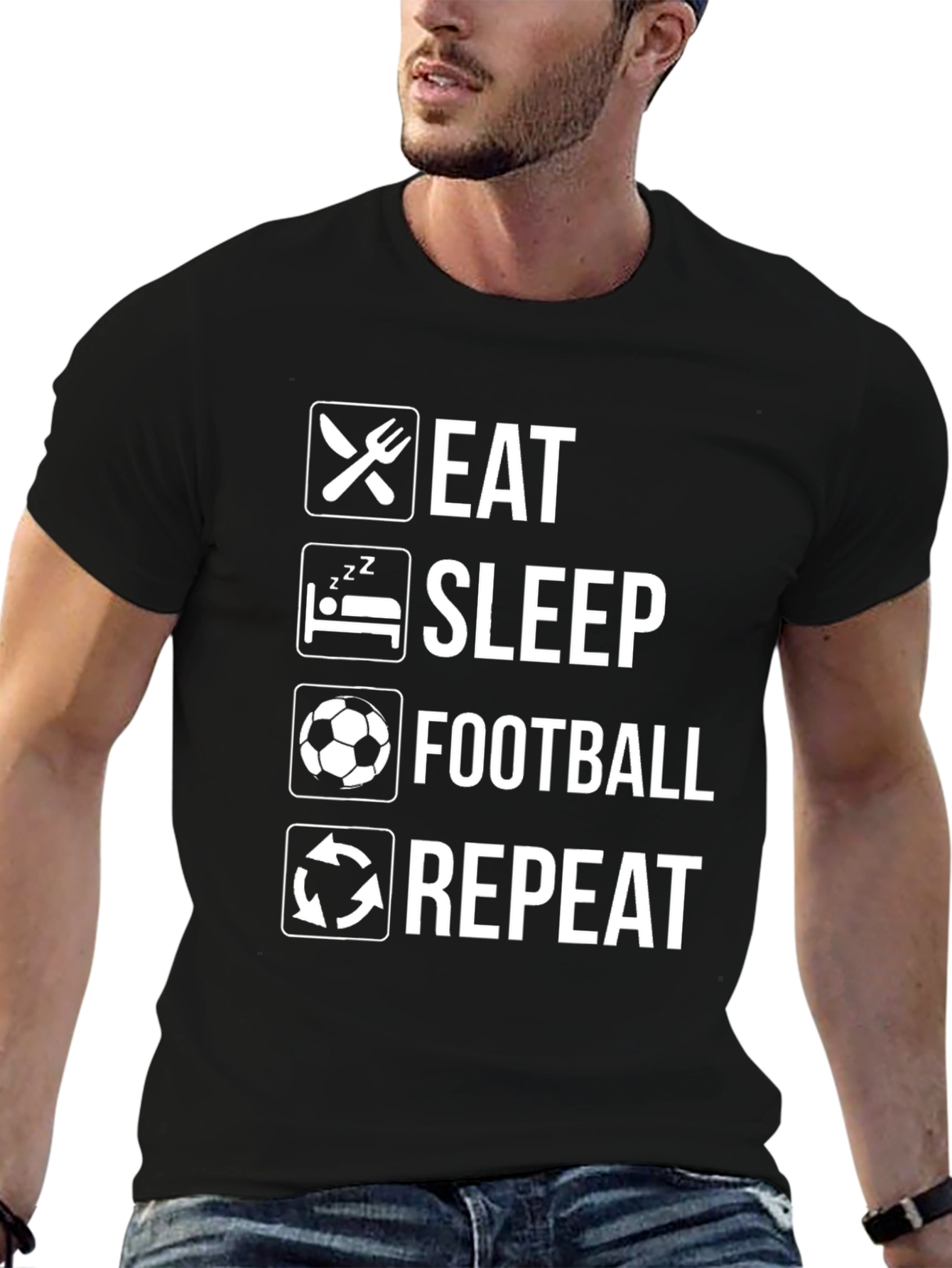 Eat Sleep Football Repeat Black Graphic T-Shirt