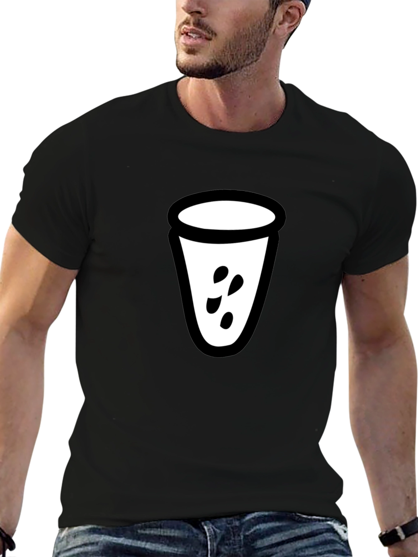 Mens Black T-Shirt with White Cup Graphic
