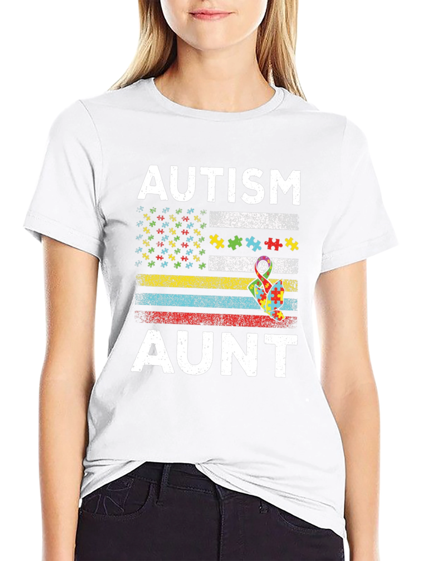 Autism Aunt Awareness Tee - Puzzle Flag Design