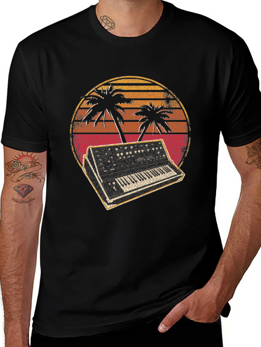 Retro Synthwave T-Shirt - Palm Trees & Synthesizer